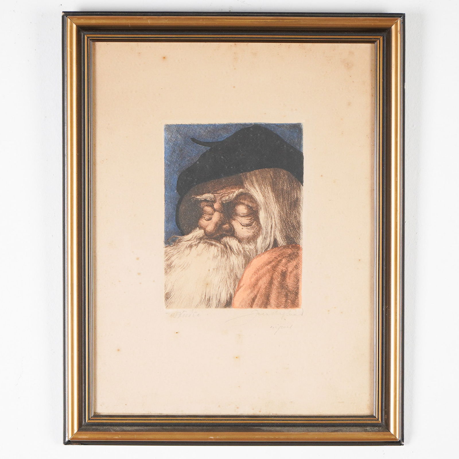 Jean Skoglund Etching, Bearded Man in Cap, Signed Original: Framed etching by Swedish artist Jean Skoglund (1908-1948), depicting a bearded man in a dark cap with closed eyes, rendered in fine lines and soft color. Signed by the artist in pencil in the lower m