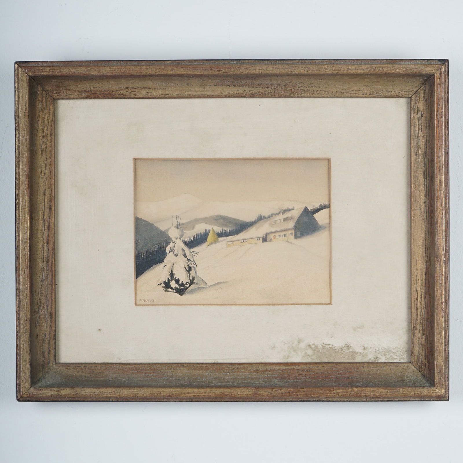 W. Bartke, Watercolor on Paper, Winter Landscape, Signed: Delicate and atmospheric landscape painting of a winter scene in the mountains by artist W. Bartke. Executed in watercolor or gouache on paper, the work captures a tranquil snow-covered scene