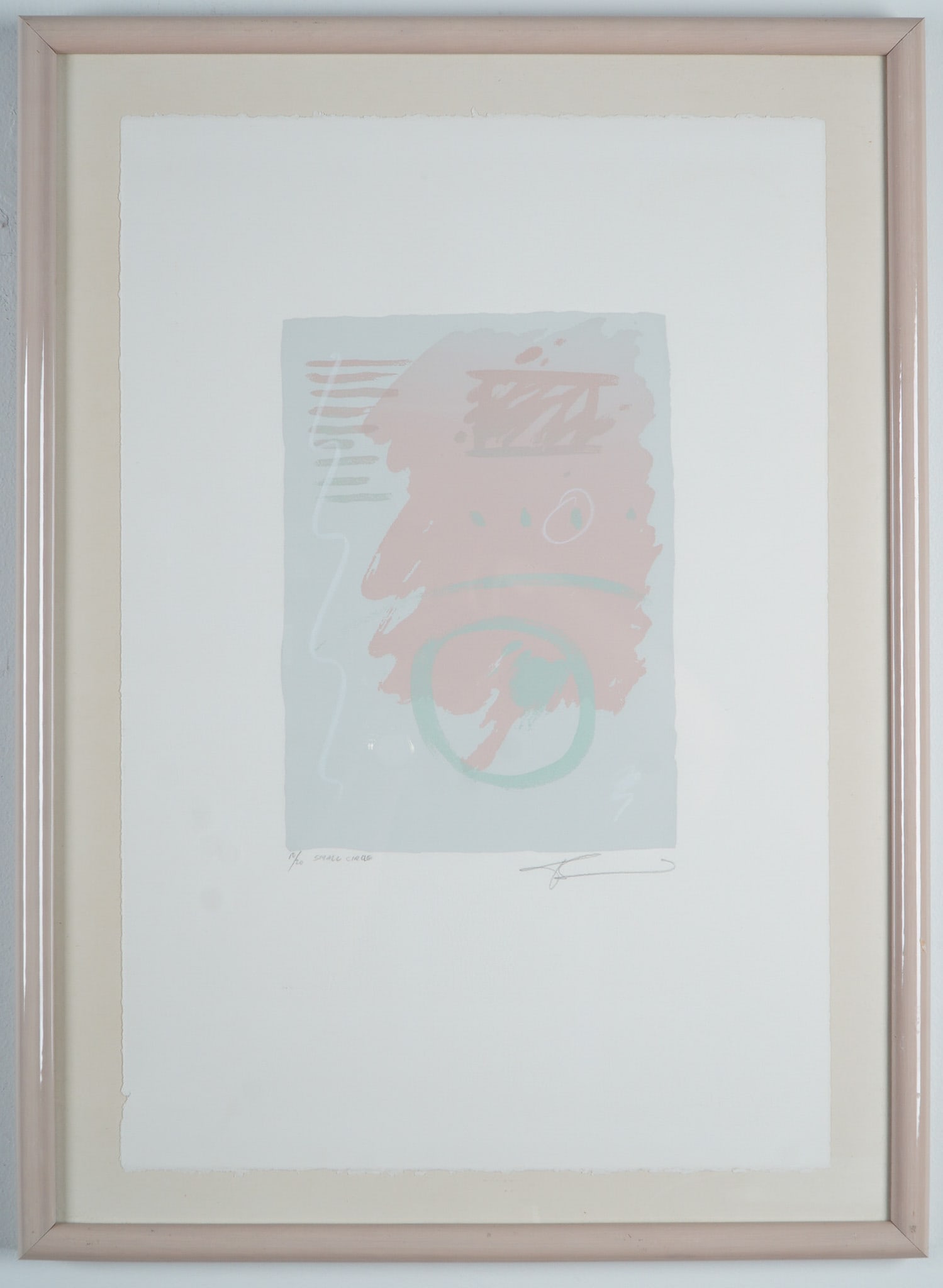 Abstract Color Serigraph on Paper, Small Circle, Signed: Limited edition abstract serigraph on paper titled Small Circle. The composition features soft, layered forms in pastel tones of pink, mint green, and light gray, creating a tranquil, minimalist aesth