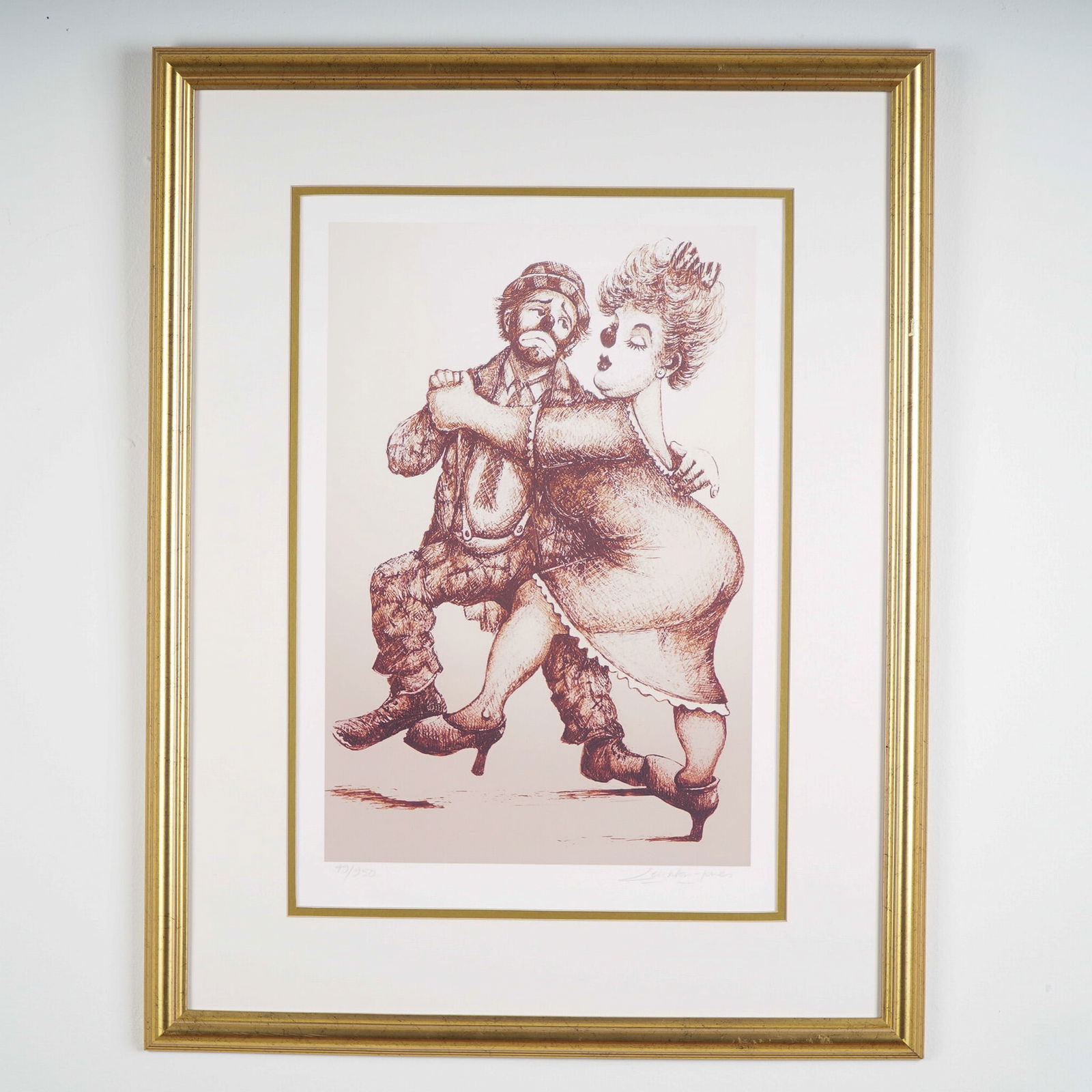 Barry Leighton-Jones, Limited Edition Lithograph, Dancing Couple, Signed: This whimsical limited edition lithograph by British artist Leighton-Jones features a humorously expressive couple mid-dance, rendered in a rich sepia tone with textured crosshatching that enhances