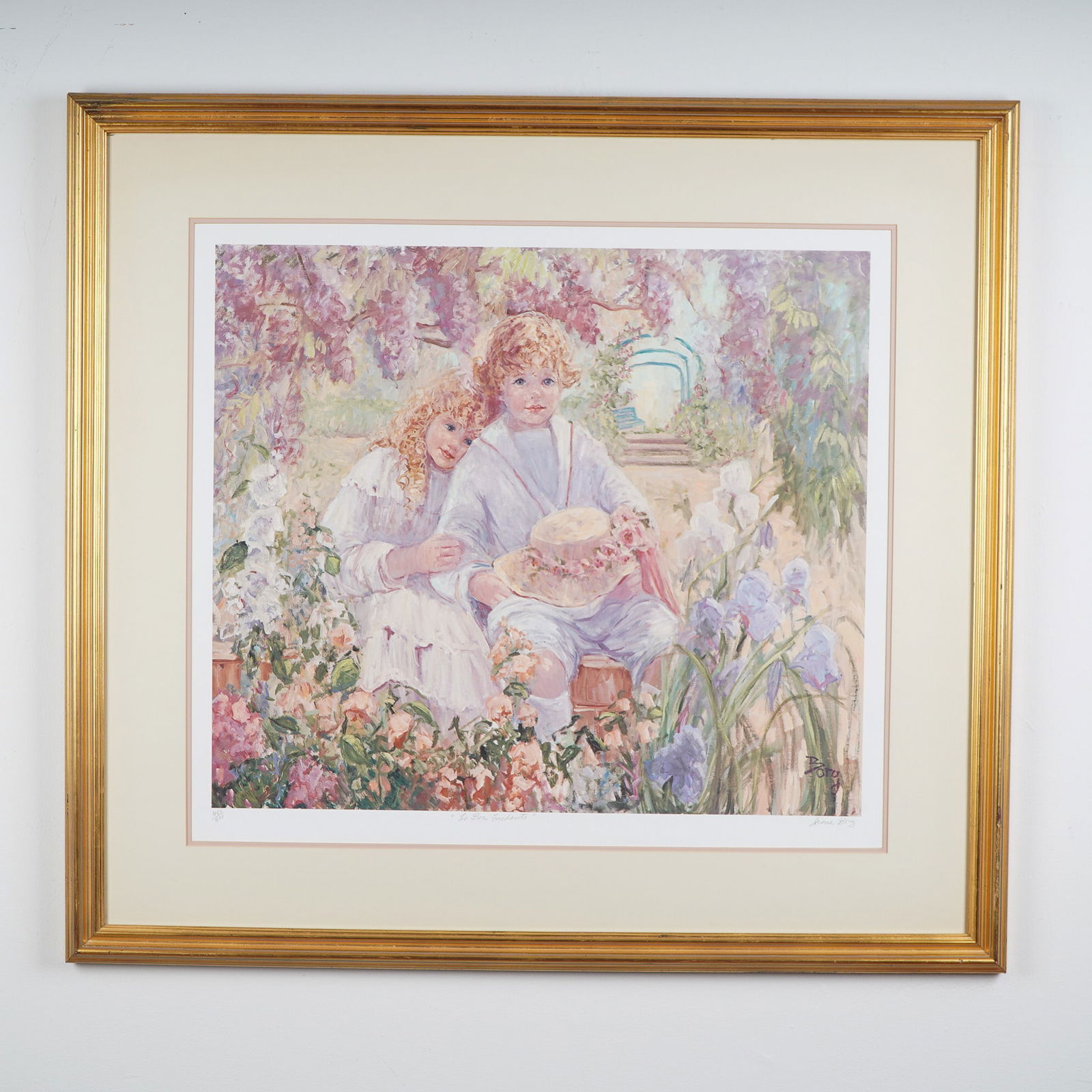 Irene Borg, Limited Edition Color Lithograph, Le Bois Enchante, Signed: A limited edition lithograph titled Le Bois Enchante (The Enchanted Garden) by Irene Borg, numbered 450/500. This delightful piece features two children in an idyllic garden, surrounded by blooming fl