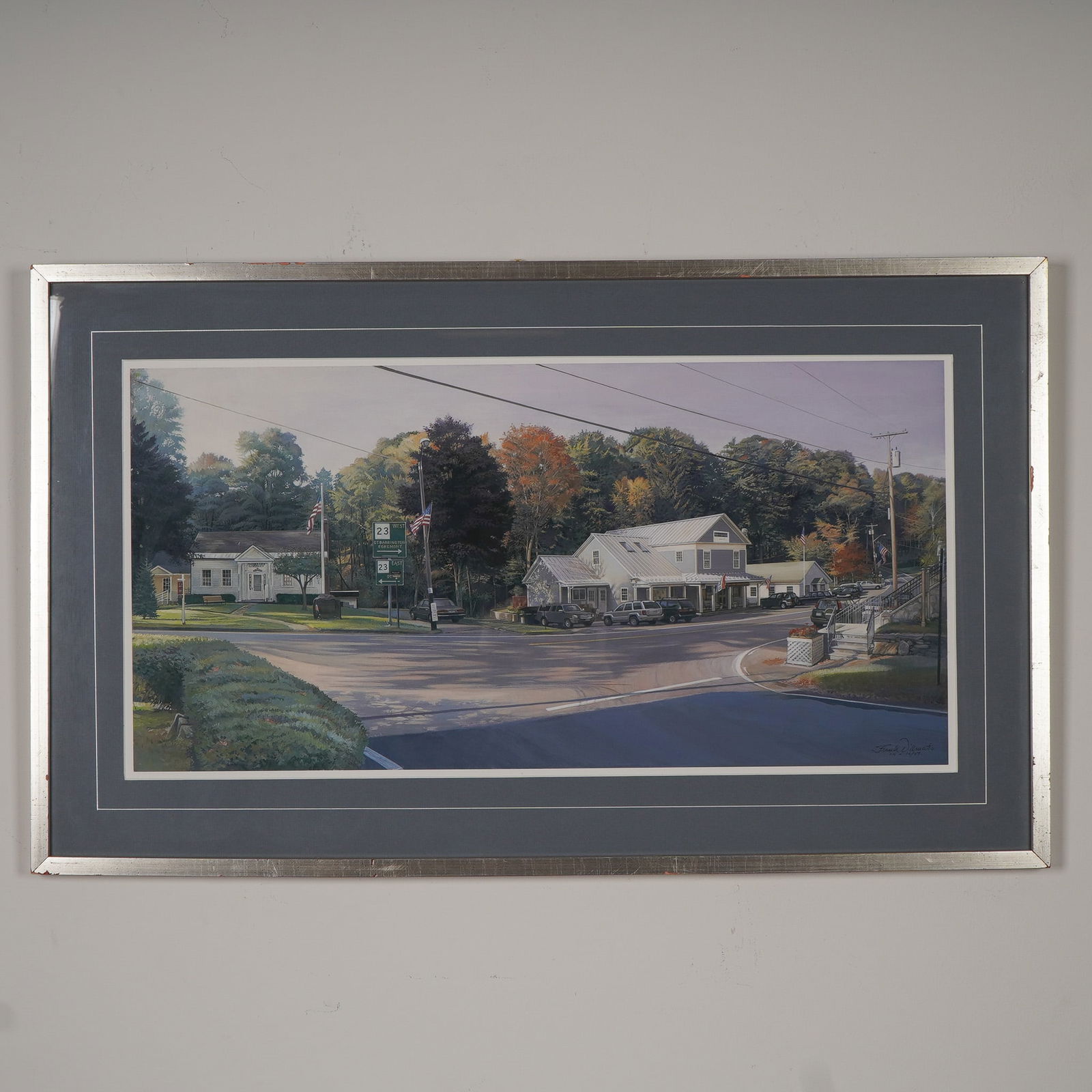 Frank D'Amato, Art Print, Monterey Street Scene, Signed: A detailed and atmospheric Monterey Massachusetts street scene print by American artist Frank D'Amato. Rendered in a realistic style, the artwork captures a quiet intersection in the small town, featu