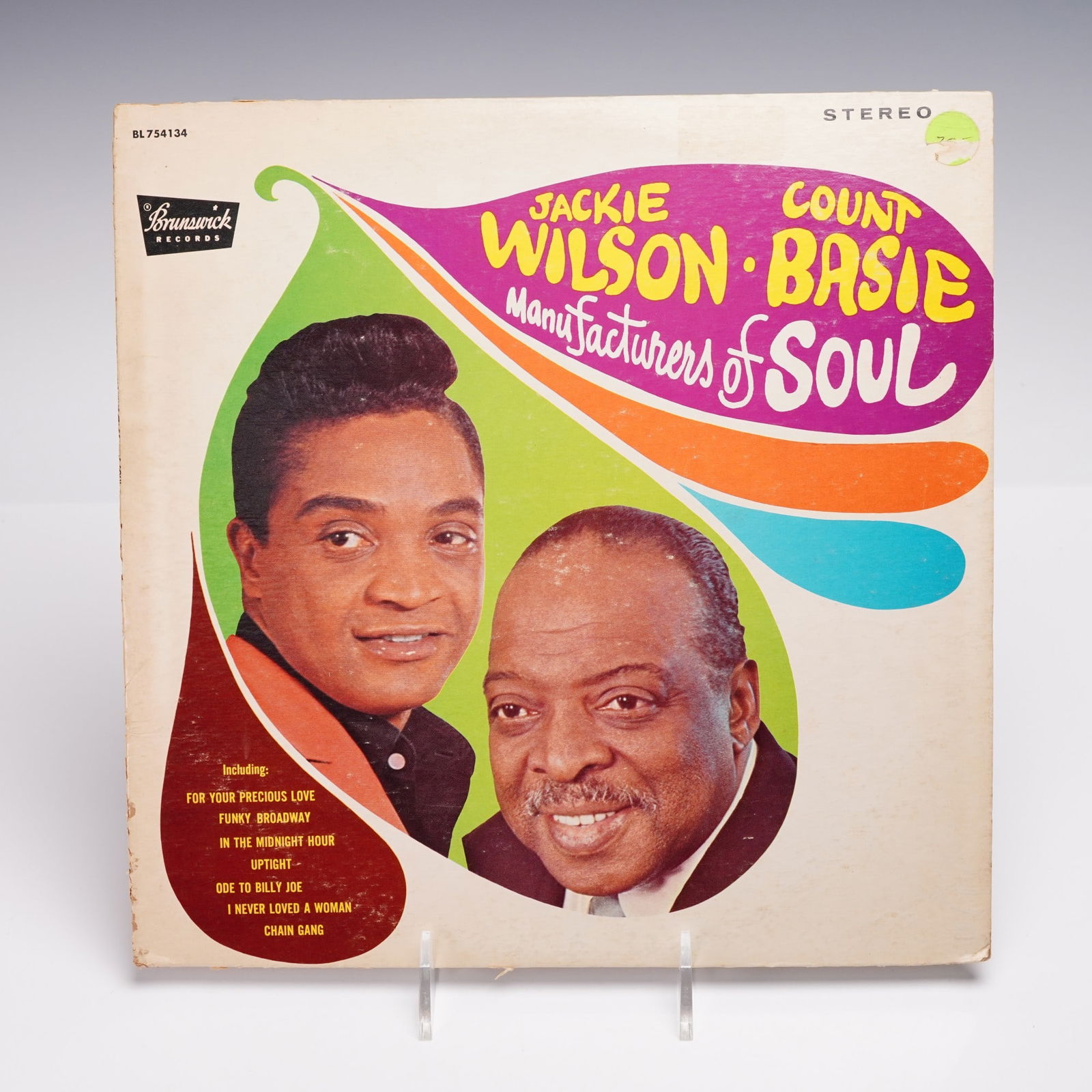 Brunswick Records Jackie Wilson Vinyl Record, Manufactures of Soul: This 12-inch vinyl record titled "Manufacturers of Soul" features Jackie Wilson and Count Basie, released by Brunswick Records under catalog number BL 754134. The album is a collaboration between two