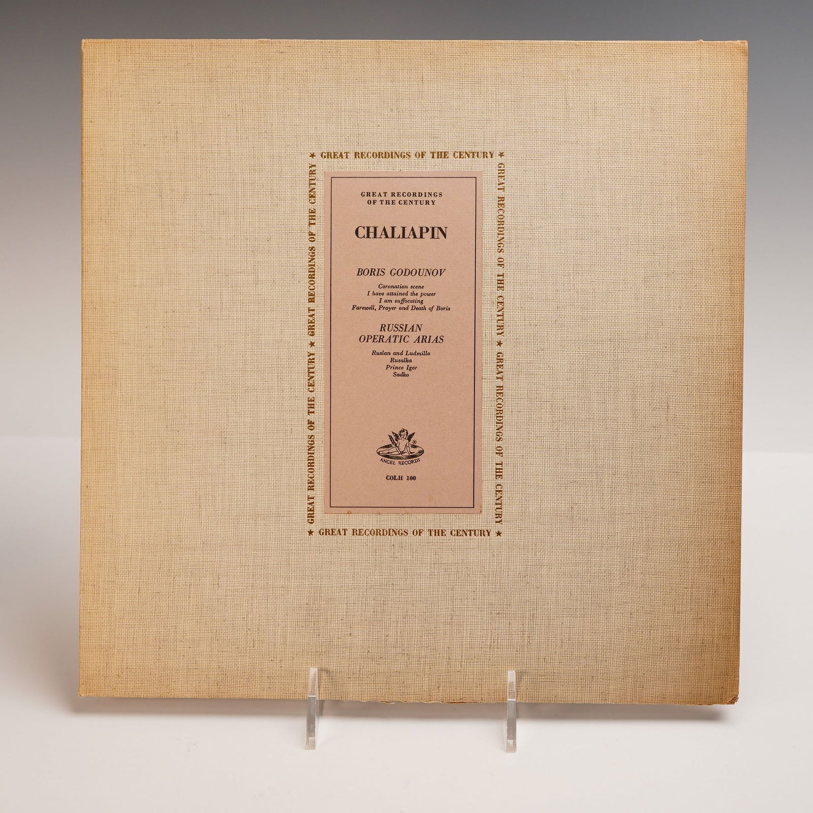 Chaliapin, Russian Operatic Arias Vinyl LP: Vintage LP from the Great Recordings of the Century series featuring Chaliapin performing arias from Boris Godounov, Prince Igor, Ruslan and Ludmilla, and Sadko. Issued by Angel Records in a linen-tex