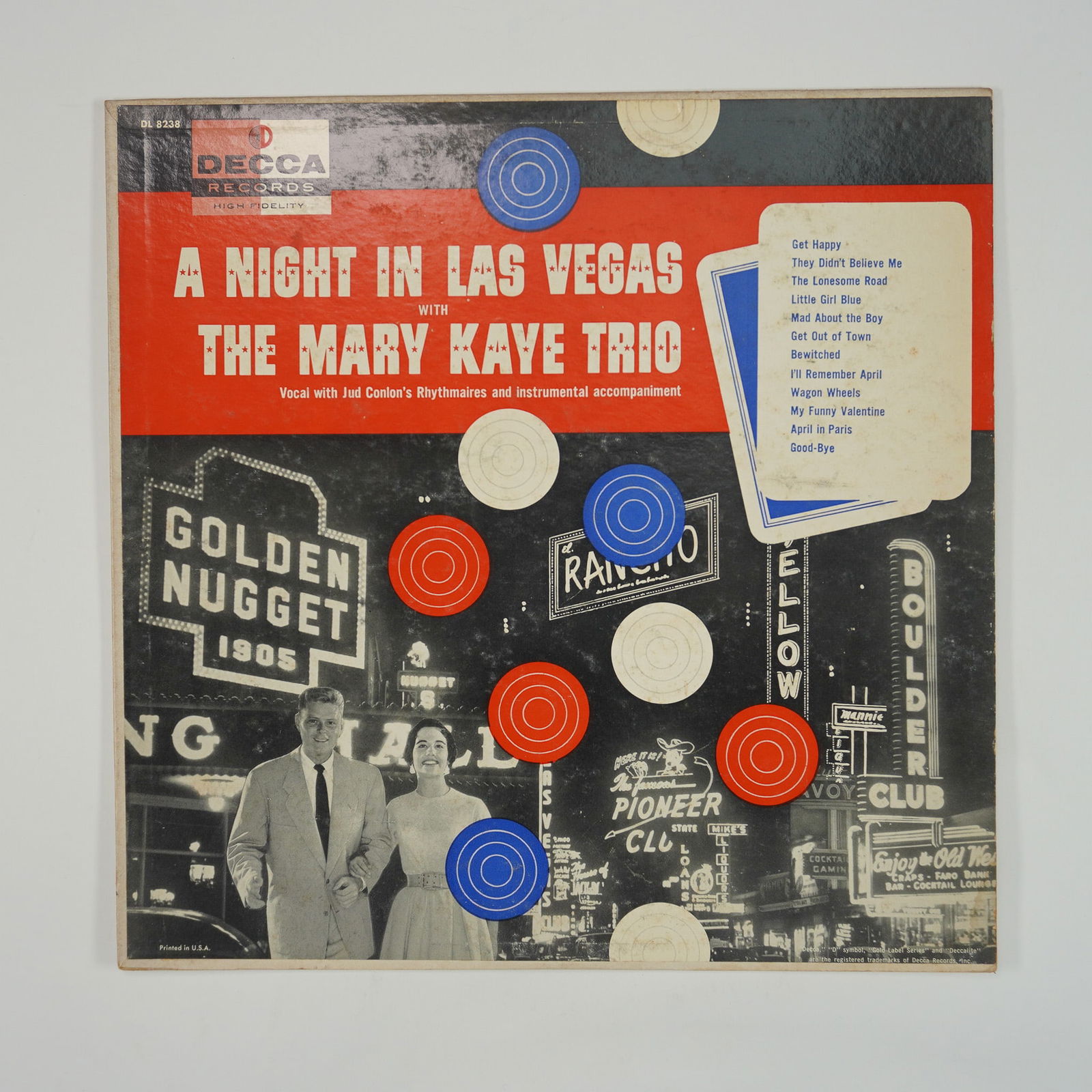 Mary Kaye Trio A Night in Las Vegas LP Album: Experience the captivating sounds of the Mary Kaye Trio with this vintage LP album, A Night in Las Vegas, released under Decca Records (DL 8238). Featuring the smooth and engaging vocals of Mary Kaye,