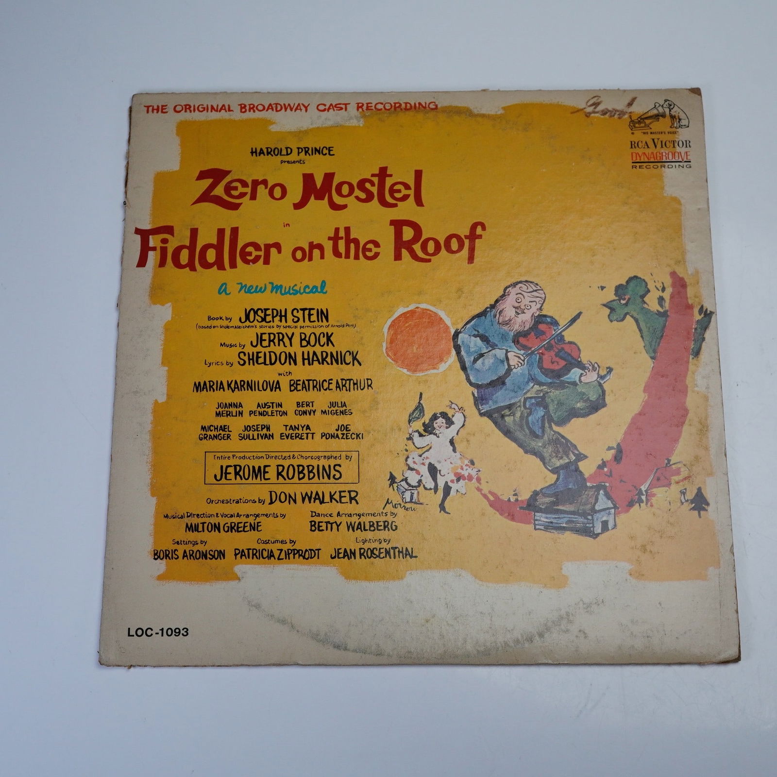 RCA Victor Records Fiddler on the Roof Broadway Cast Recording Vinyl Record: A 12 inch 1964 RCA Victor Dynagroove mono recording of the original Broadway cast album for Fiddler on the Roof, featuring the legendary Zero Mostel in the iconic role of Tevye. This LP preserves the