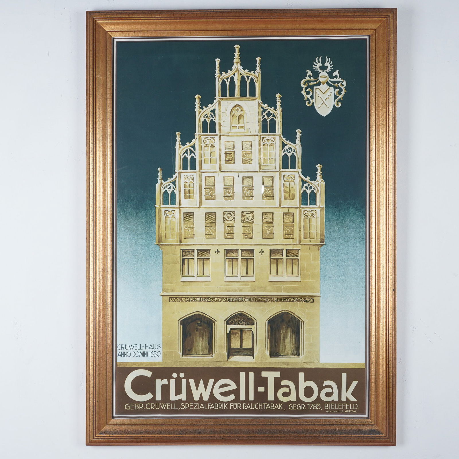 Cruwell-Tabak Color Lithograph Advertising Poster Depicting Cruwell-Haus: Mid-century color lithograph advertising poster for Cruwell-Tabak, featuring a stylized architectural rendering of the Cruwell-Haus, a historic building in Bielefeld, Germany, dating to 1530. Produced