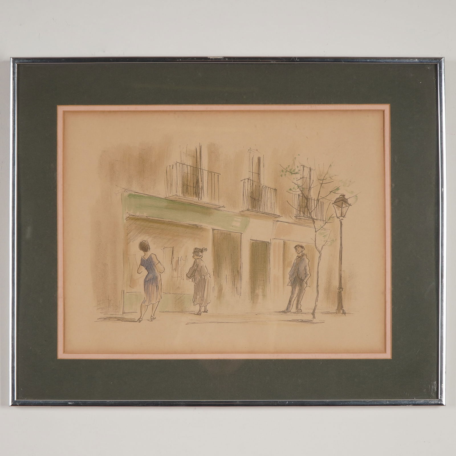 Eduardo Vicente, Color Lithograph on Paper, Shop Windows: Color lithograph by Spanish artist Eduardo Vicente, titled Shop Windows. The scene captures a quiet city moment with three elegantly dressed figures pausing outside a storefront. Rendered in soft, ske