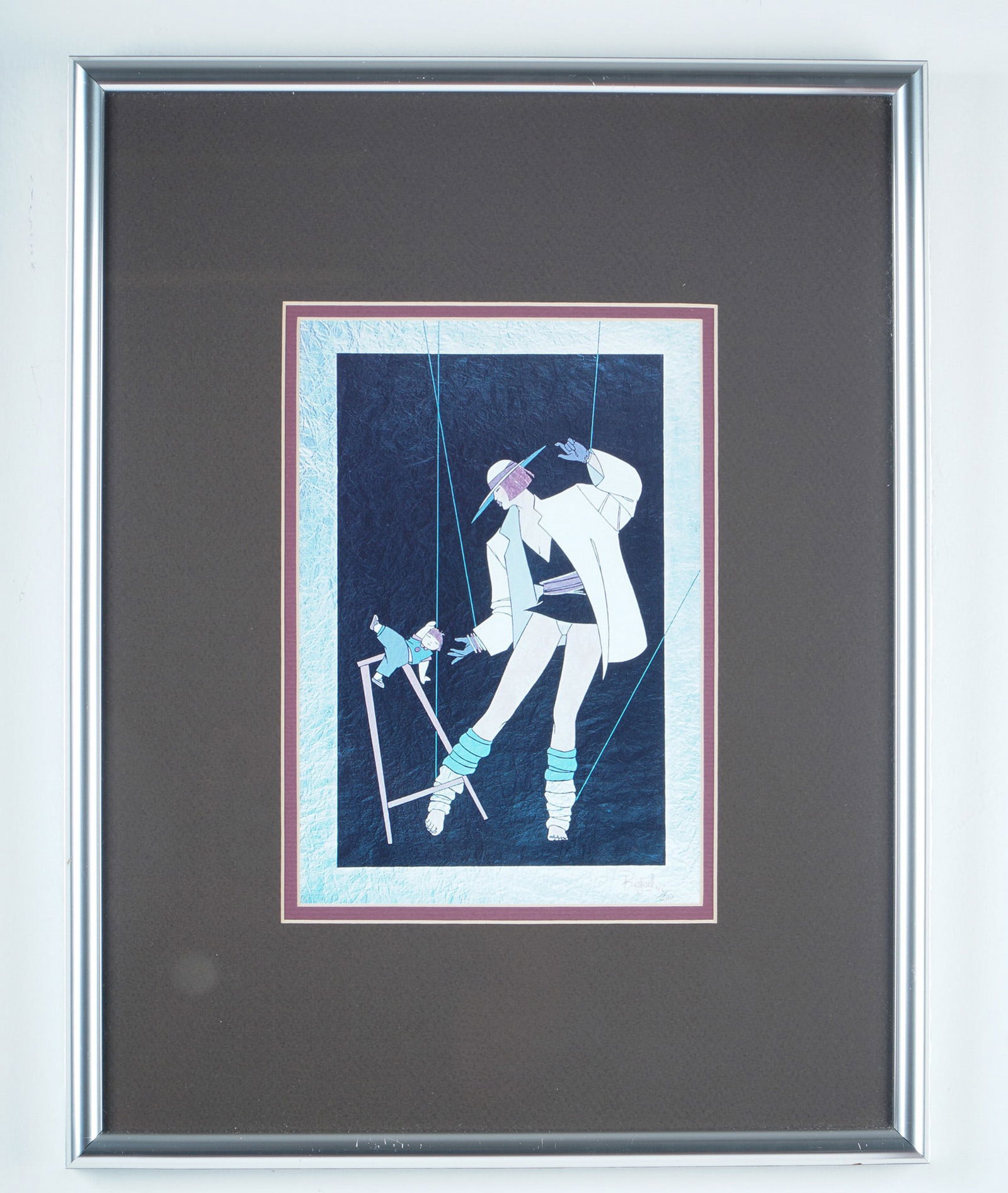 Jorge Acevedo Rafael, Signed and Numbered Serigraph on Paper, Sisters: Art Deco-style serigraph by Rafael, depicting a stylized female figure dressed in a wide-brimmed hat and oversized jacket, posed as if she is operating marionette strings connected to a small puppet f
