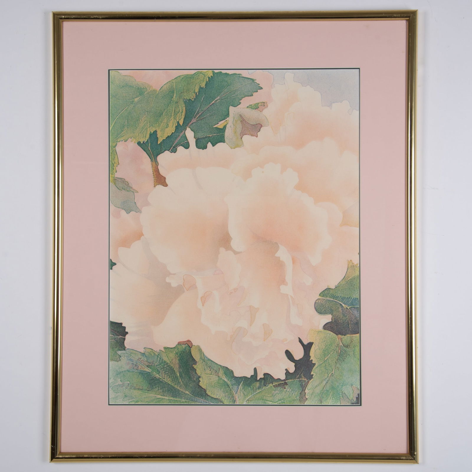 Begonias by Gary Bukovnik (Aft.) Offset Print on Paper: A large offset in colors on paper after an original watercolor botanical painting by Gary Bukovnik. Housed in a gilded frame with a pink mat with a green border. Sight size: 19.25"L x 25.75"H. Frame d