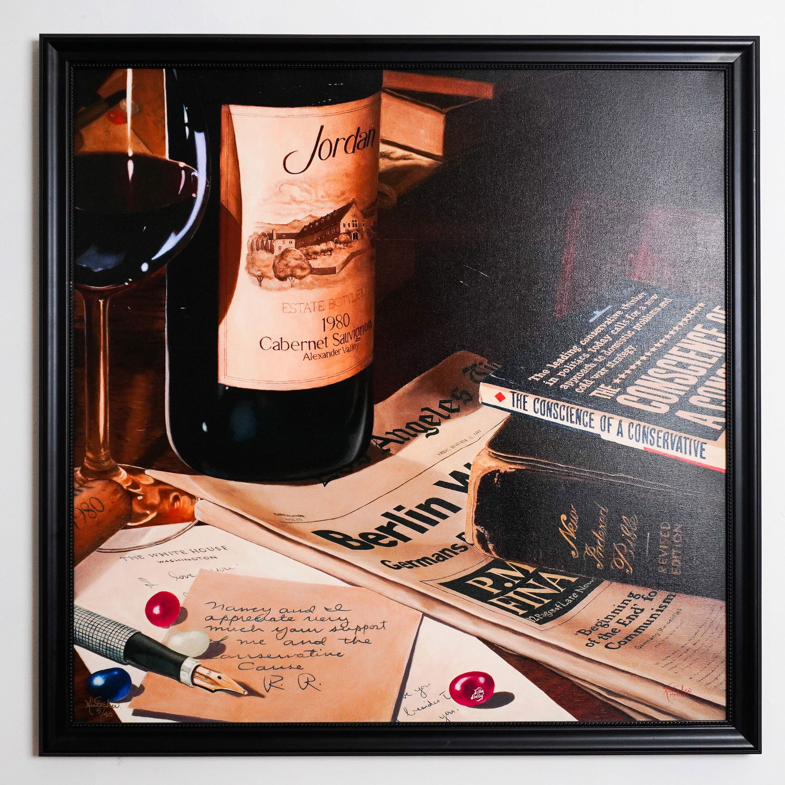 Gary Kutscher, Giclee on Canvas, Memories of Dutch, Signed: Giclee on canvas titled Memories of Dutch by American Historical Realist Gary Kutscher, a still life composition infused with political and historical symbolism. The scene features a bottle of Jordan