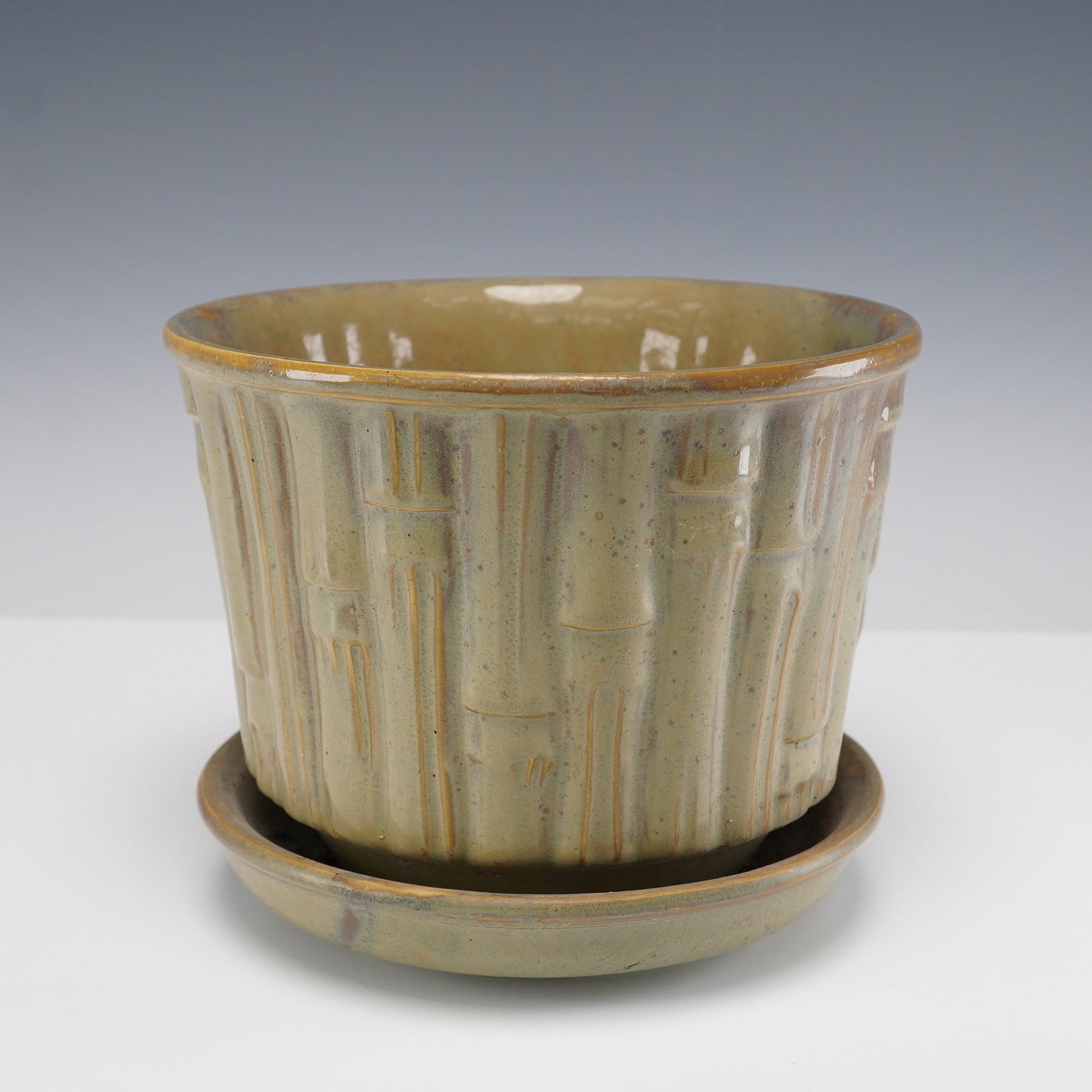 McCoy Pottery Bamboo Planter with Attached Saucer (1 of 5)