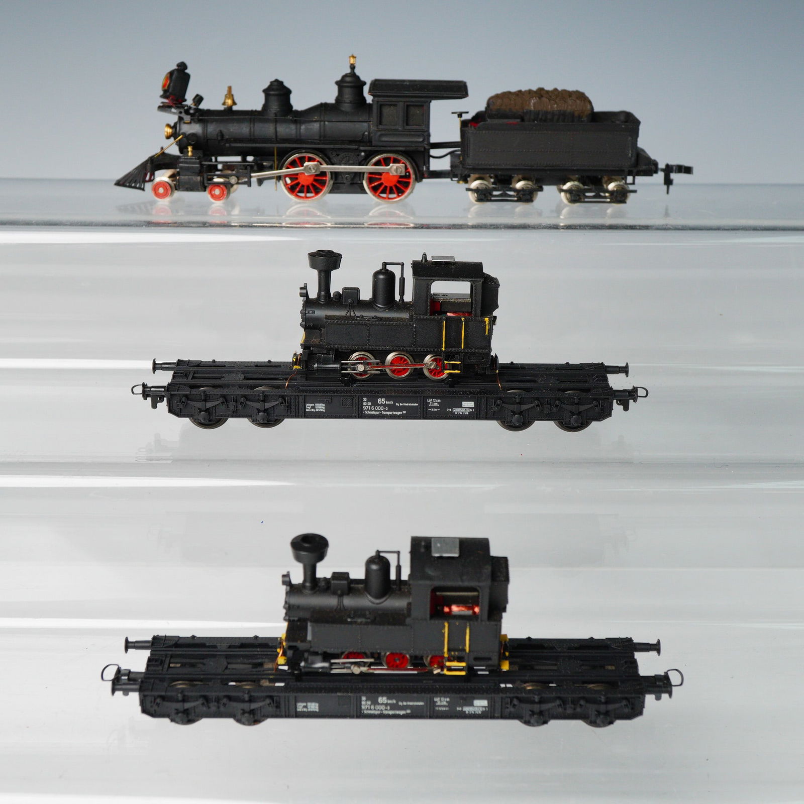 Three Vintage Model Railroad Locomotives and Flatcars by Bachmann and BEMO (1 of 7)
