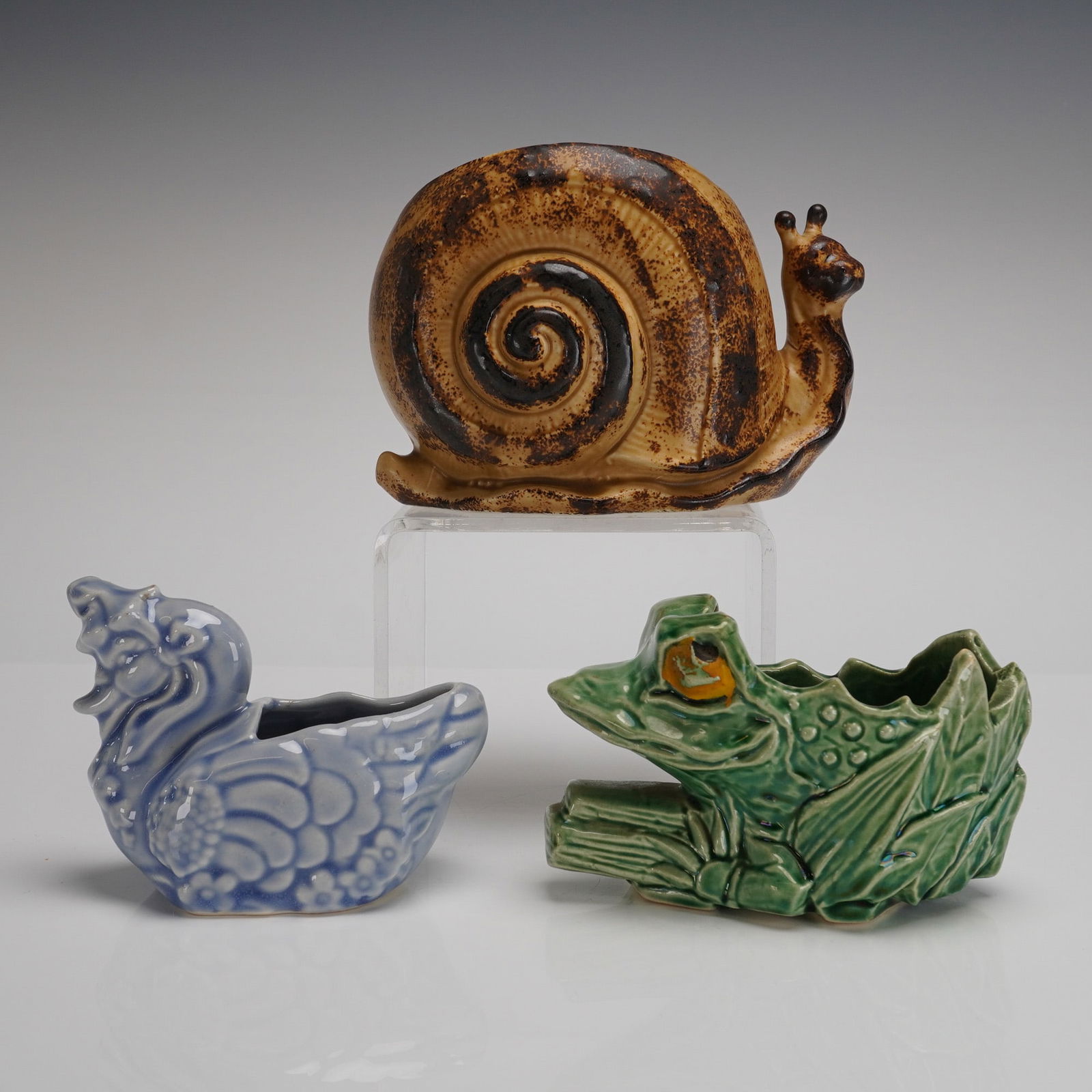 Trio of Glazed Ceramic Snail, Frog and Duck Pottery Planters (1 of 3)