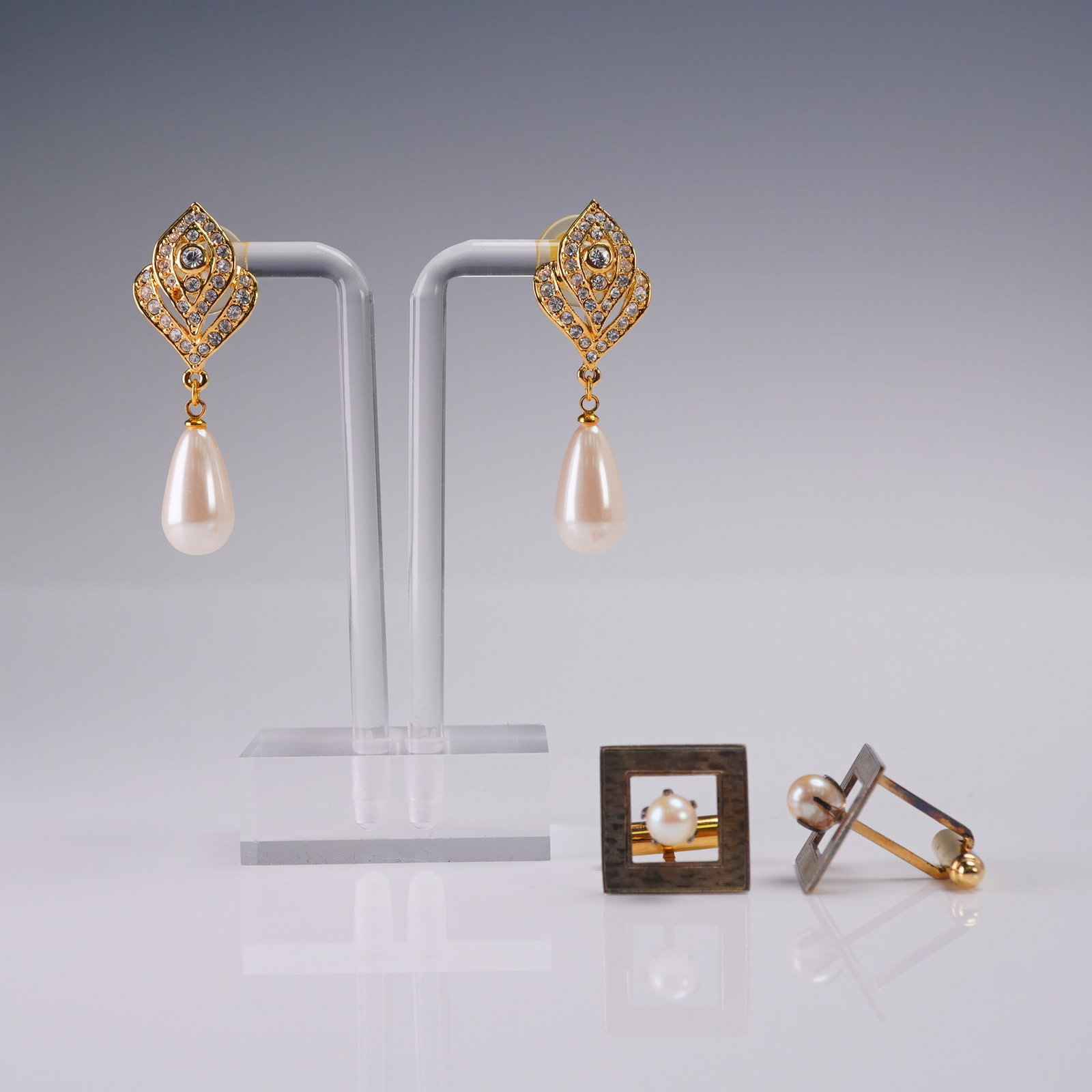 2pr Earrings & Sterling Cuff Links w/ Pearls & Rhinestones (1 of 6)
