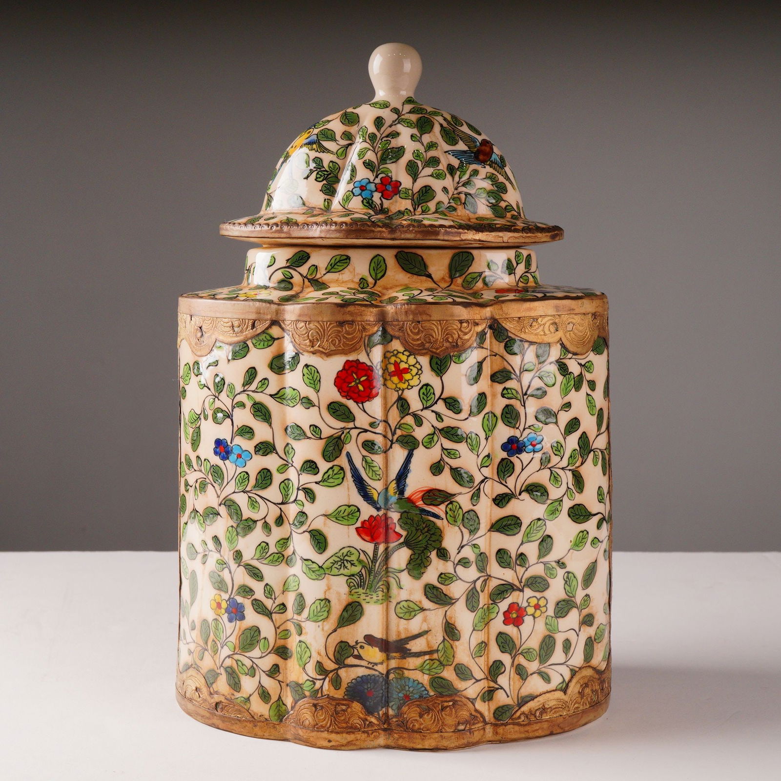 Chinoiserie Famille Rose Style Hand-Painted Fluted Ginger Jar w/ Lid (1 of 5)