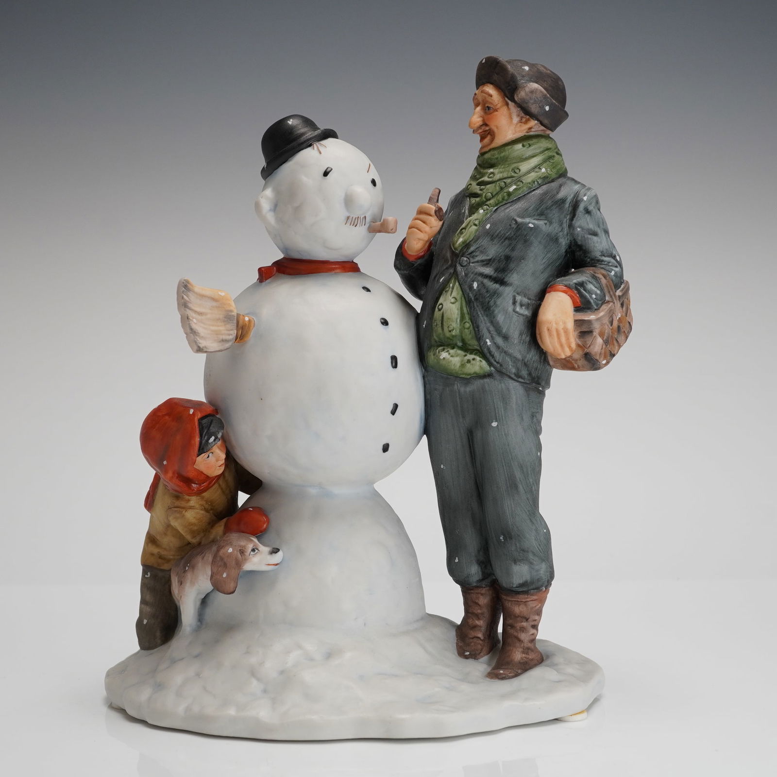 Gorham Bone China Fig. Norman Rockwell Winter Snow Sculpture First Edition: A single collectible figurine, identified by consensus as a Gorham Bone China Figurine, Winter cents??? Snow Sculpture, inspired by Norman Rockwells Four Seasons Illustrations for 1969. This hand-pain