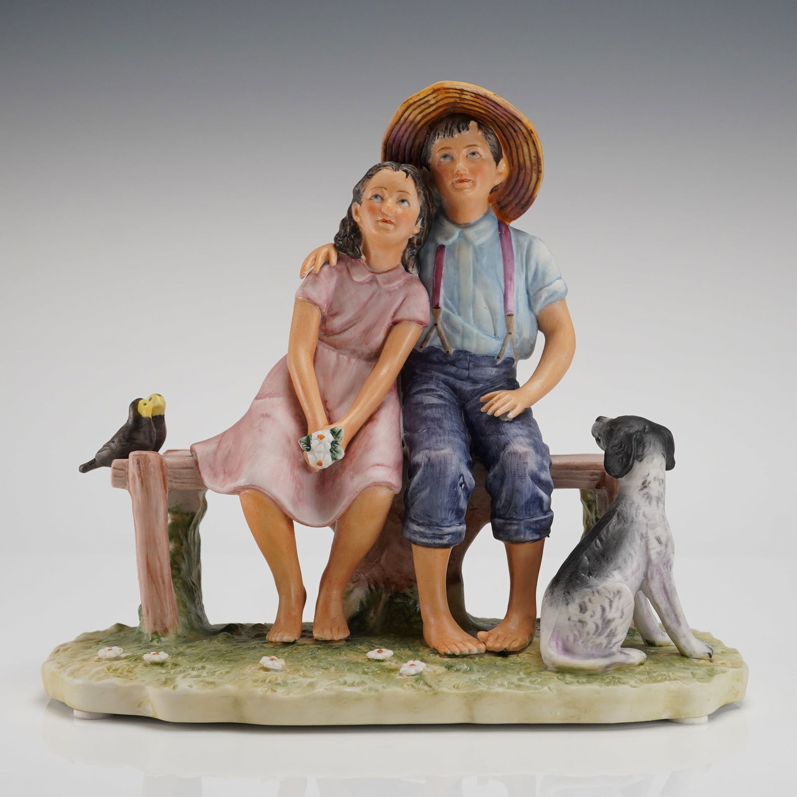 Gorham Norman Rockwell Spring Sweet Serenade Porcelain Figurine: A single figural porcelain sculpture from the Gift World of Gorham, titled "Spring - Sweet Serenade." This selection inspired by Norman Rockwell's Four Seasons Illustrations for 1963, First Edition. T
