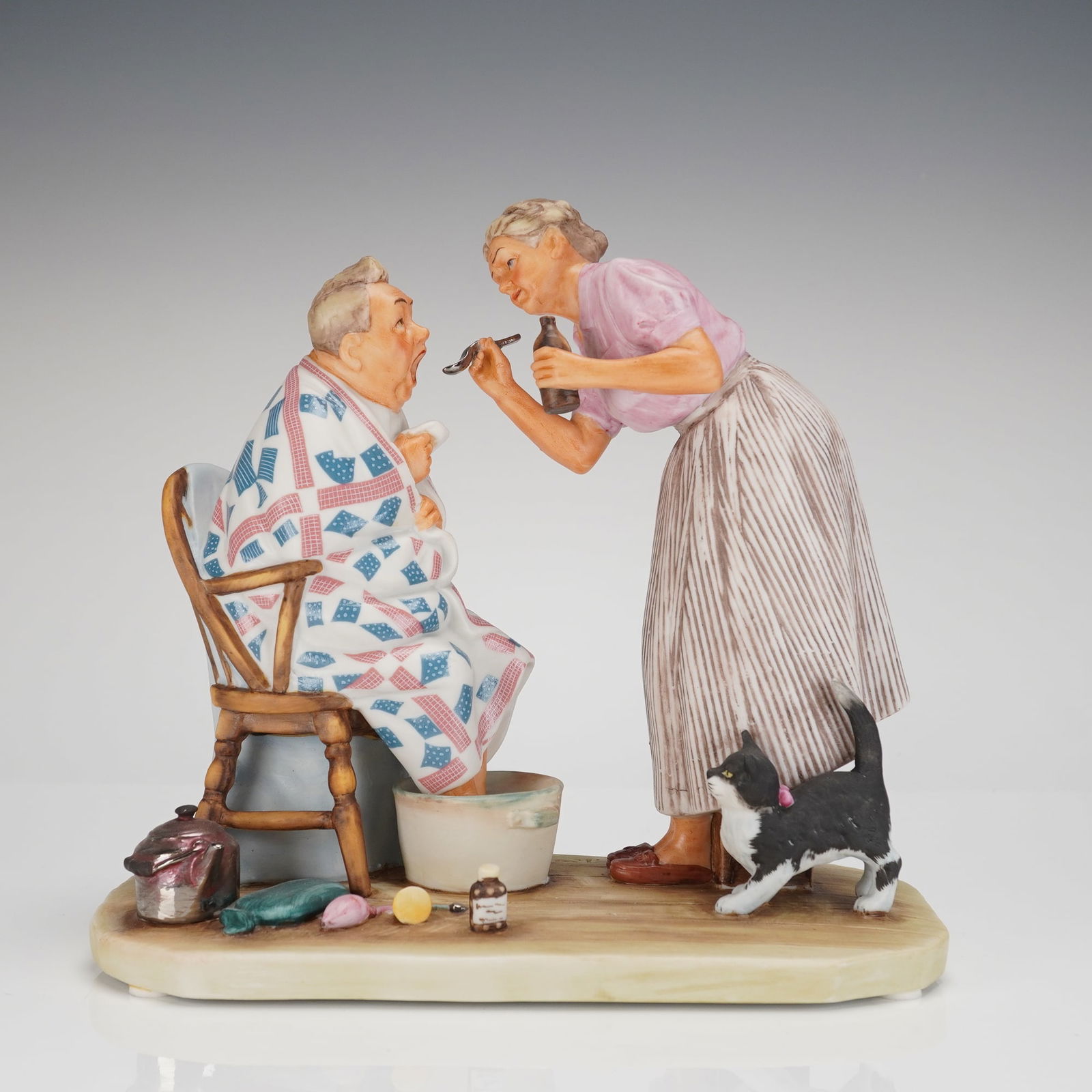 Norman Rockwell Gorham Spring Tonic First Edition Figurine: A polychrome glazed ceramic figurine group titled "Spring - Spring Tonic," produced by the Gift World of Gorham. This collectible figurine is inspired by Norman Rockwells 1957 Four Seasons Illustratio