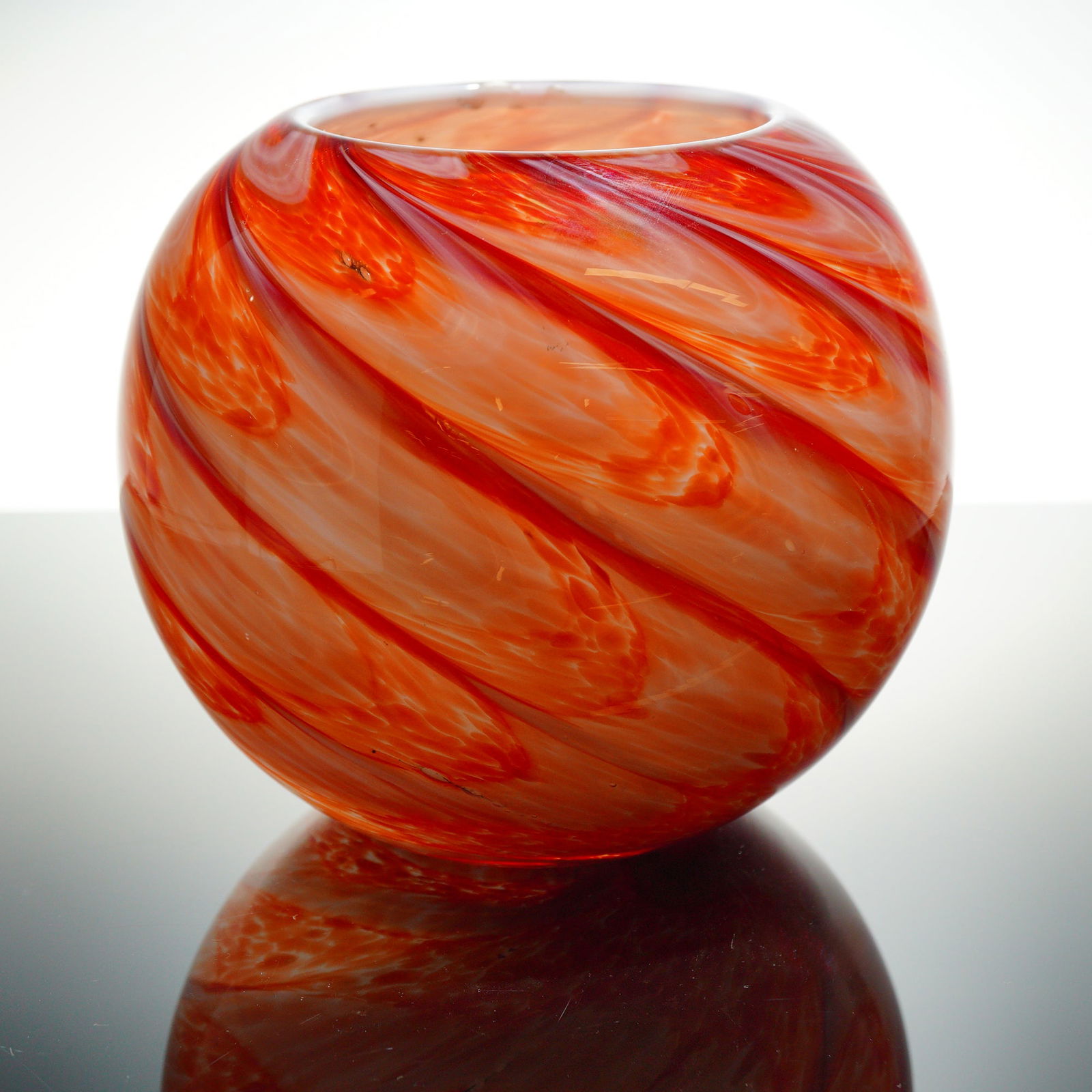 HQT Red and Orange Swirl Spherical Art Glass Vase (1 of 4)