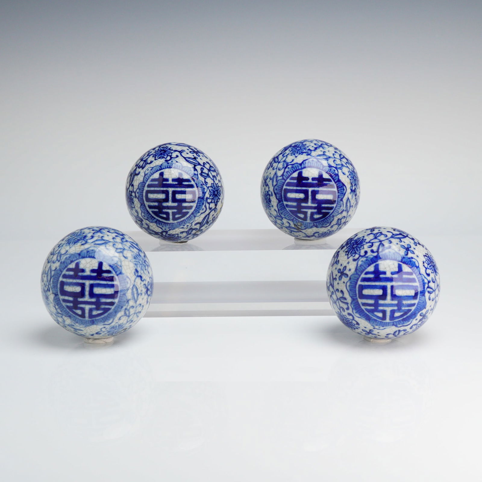 4pc Blue and White Porcelain Double Happiness Motif Decorative Spheres (1 of 4)