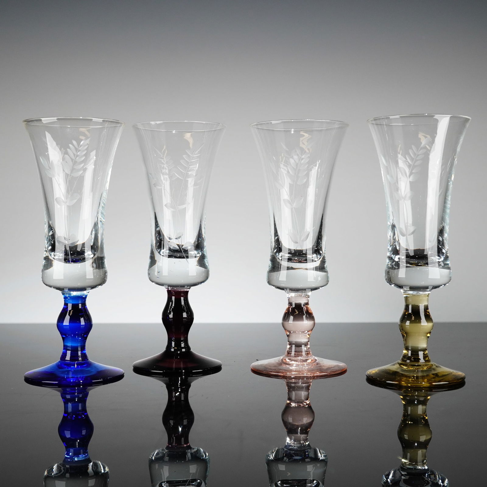 4pc Foliate Etched Colored Stem Cordial Glasses (1 of 3)