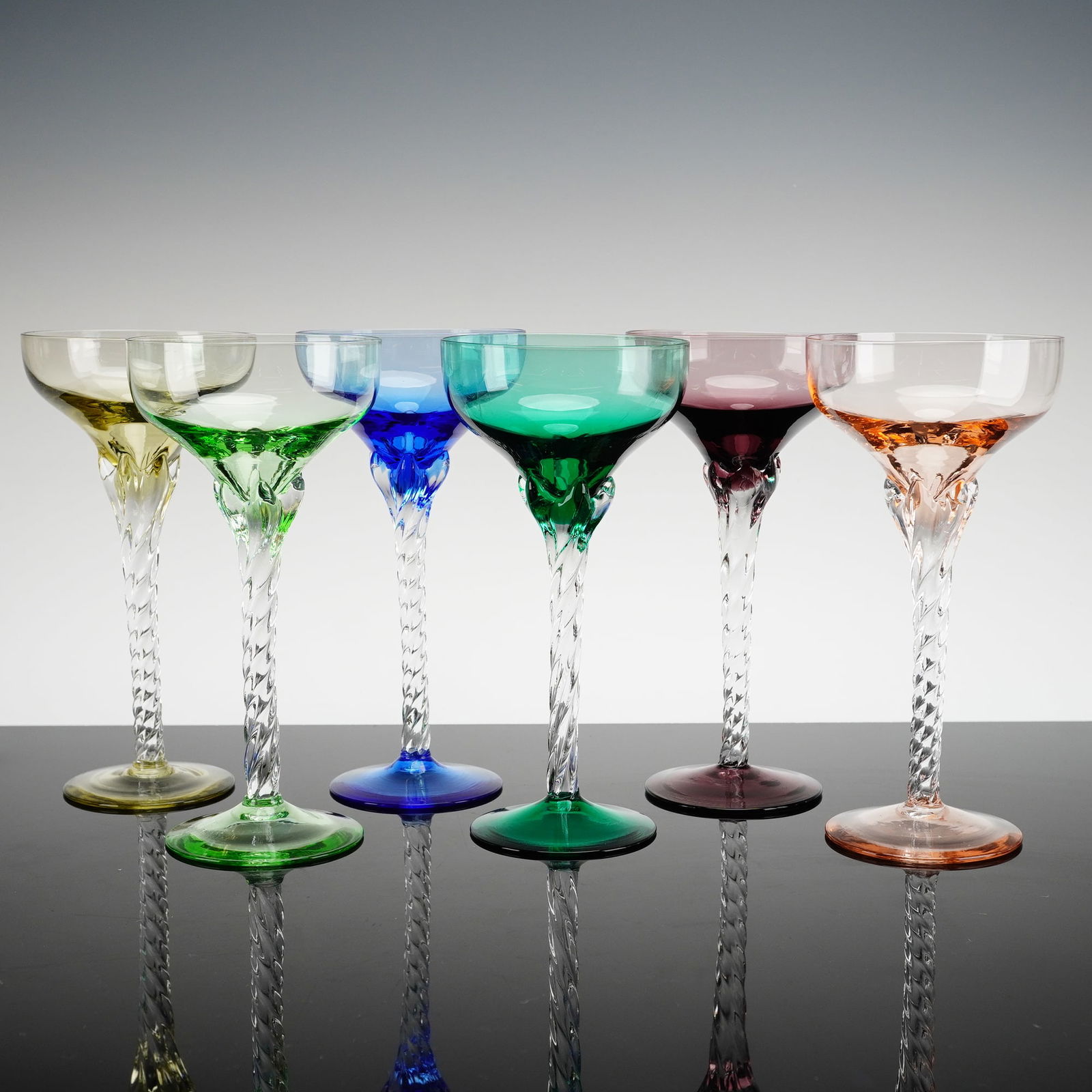 6pc Multicolored Hand-Blown Glass Champagne Coupes w/ Twisted Stems (1 of 4)