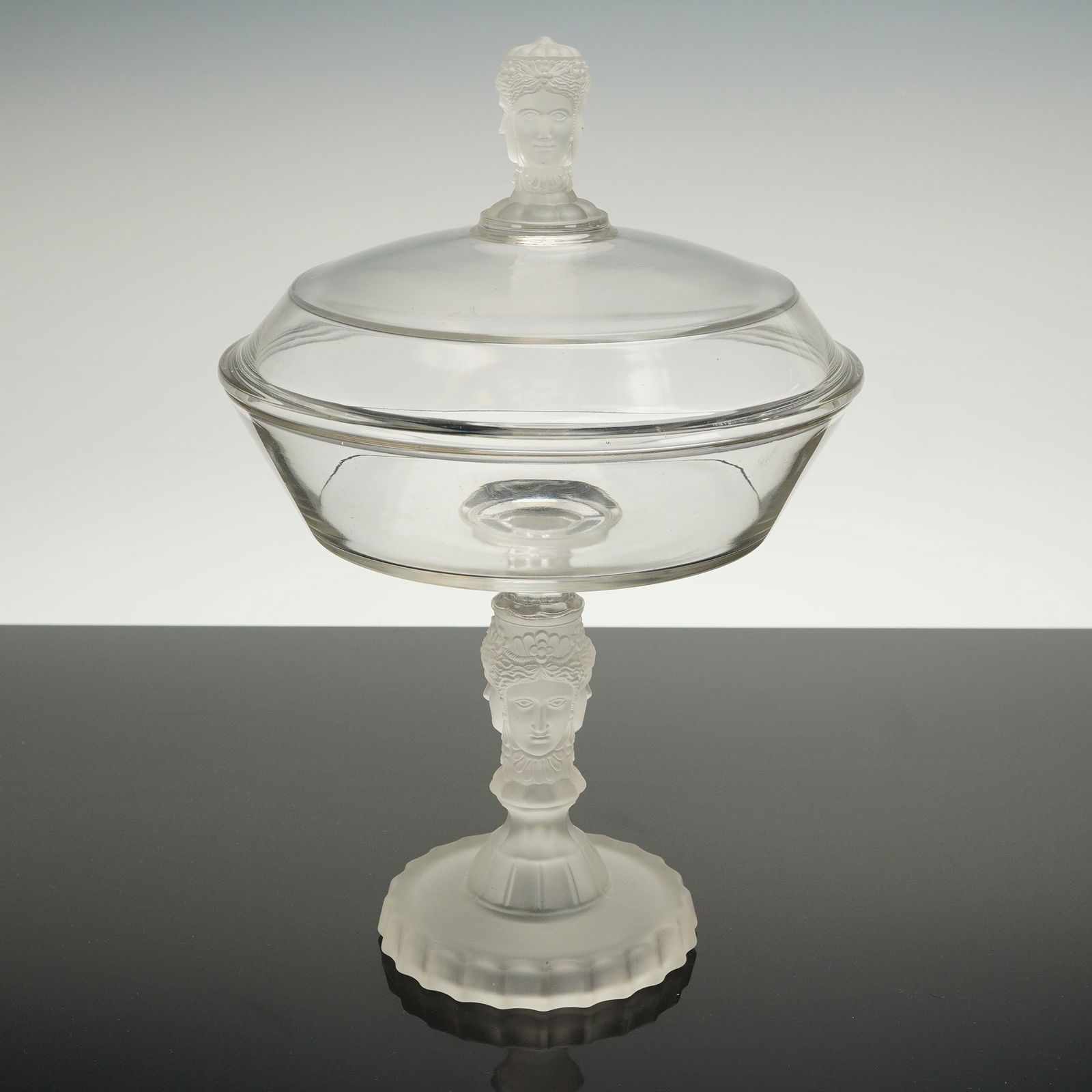Duncan and Miller Pressed Glass Three Faces Covered Compote (1 of 4)