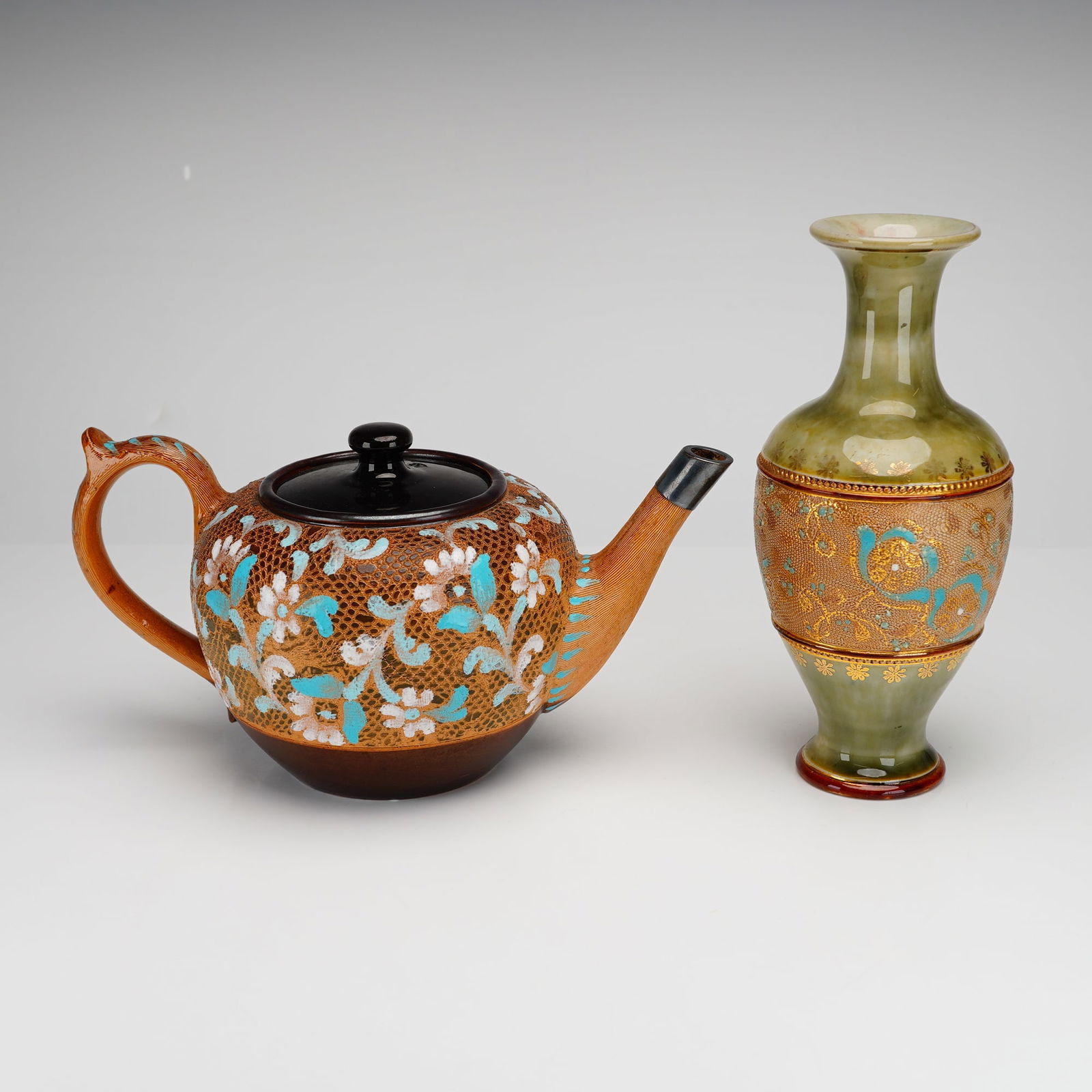 2pc Royal Doulton Lambeth Slaters Stoneware Teapot & Vase, 3951 & 7859F (1 of 3)