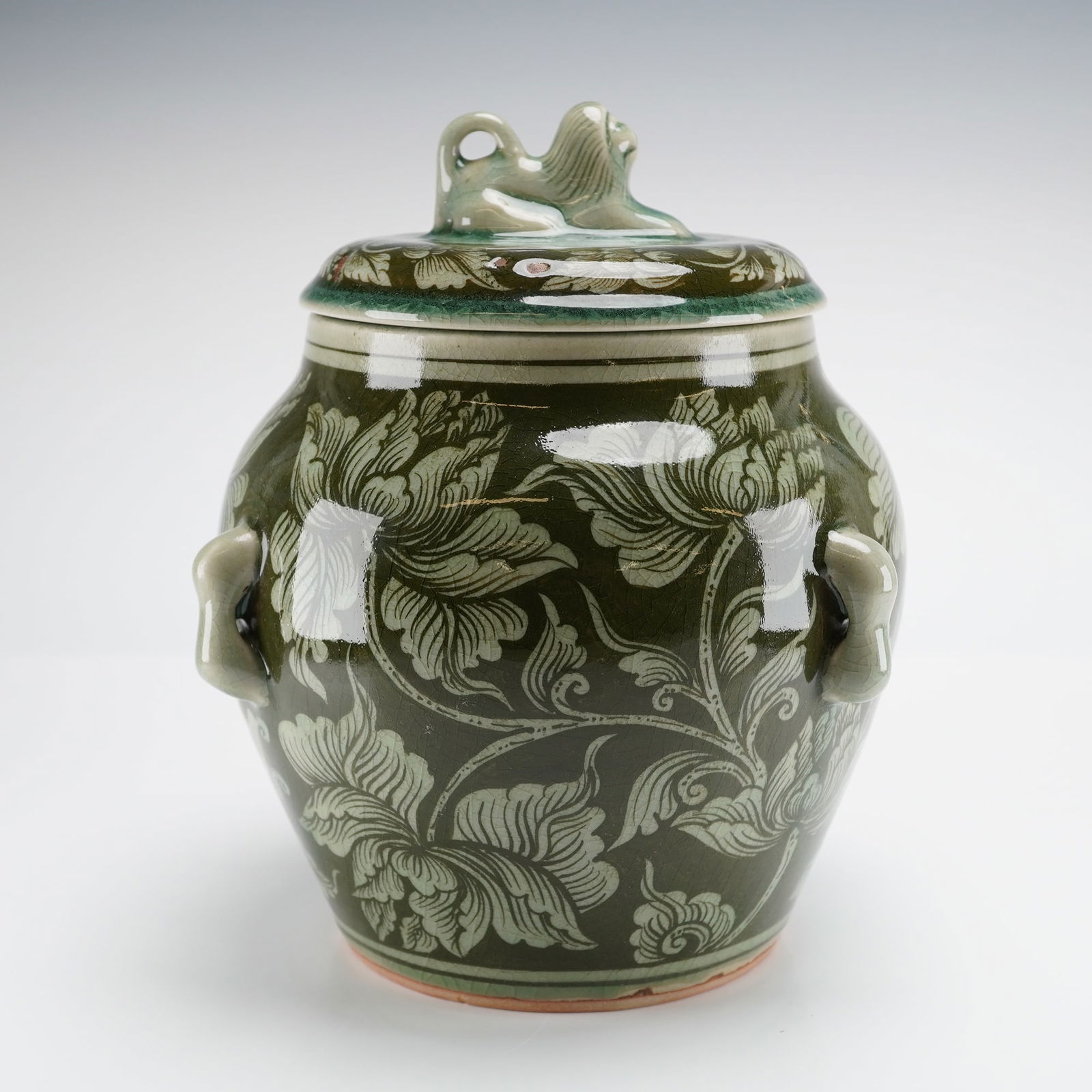 Thai Baan Celadon Crackle Glaze Lidded Ginger Jar w/ Lugs (1 of 4)