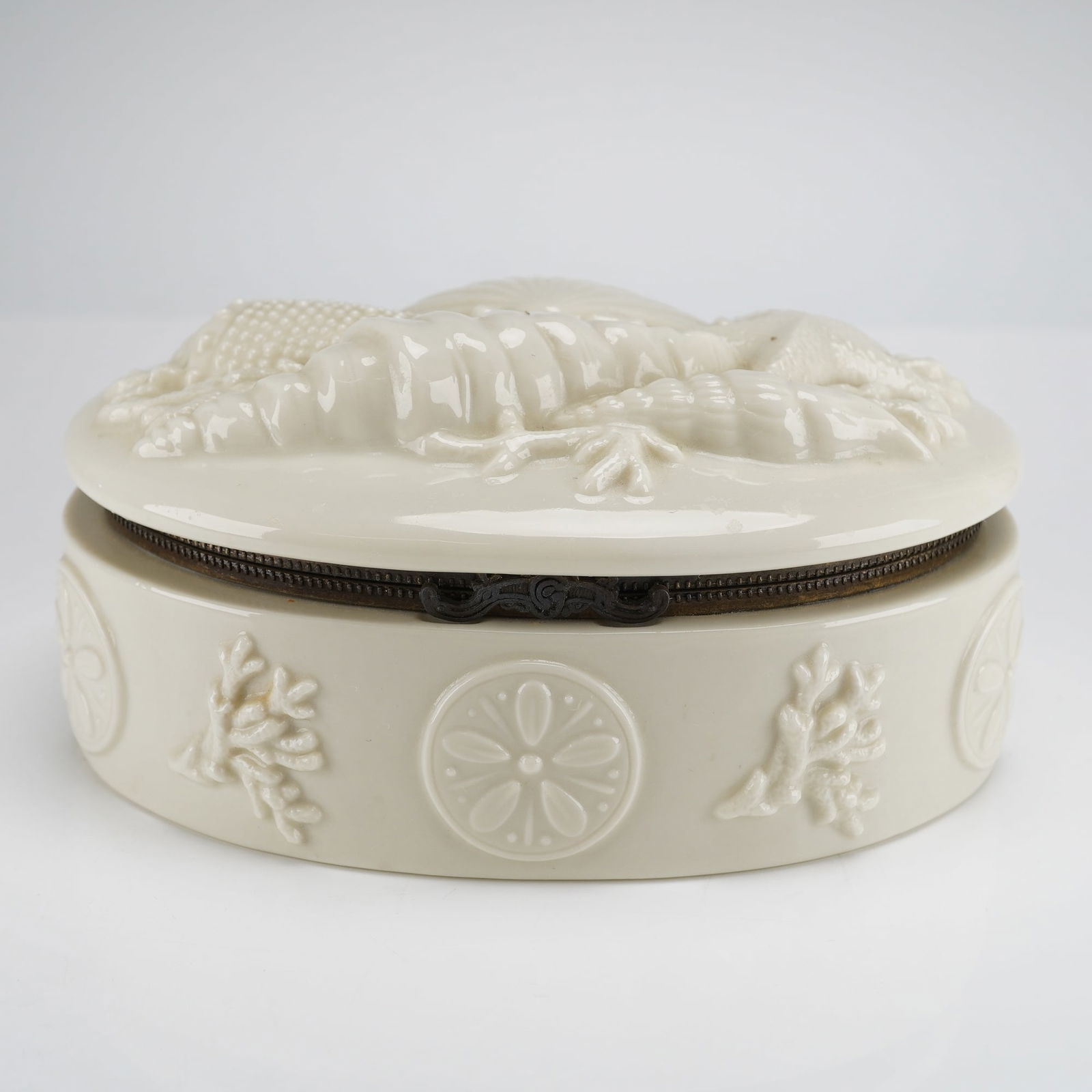 Glazed Ceramic Hinged Lidded Box w/ Mirror, Relief Marine Decoration (1 of 5)