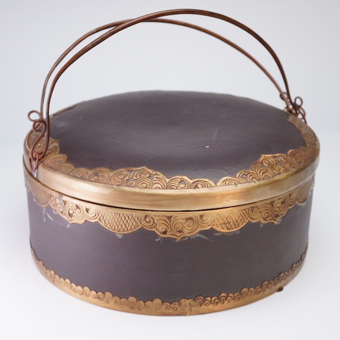 Ceramic Lidded Round Box with Metal Mounts and Handle (1 of 5)