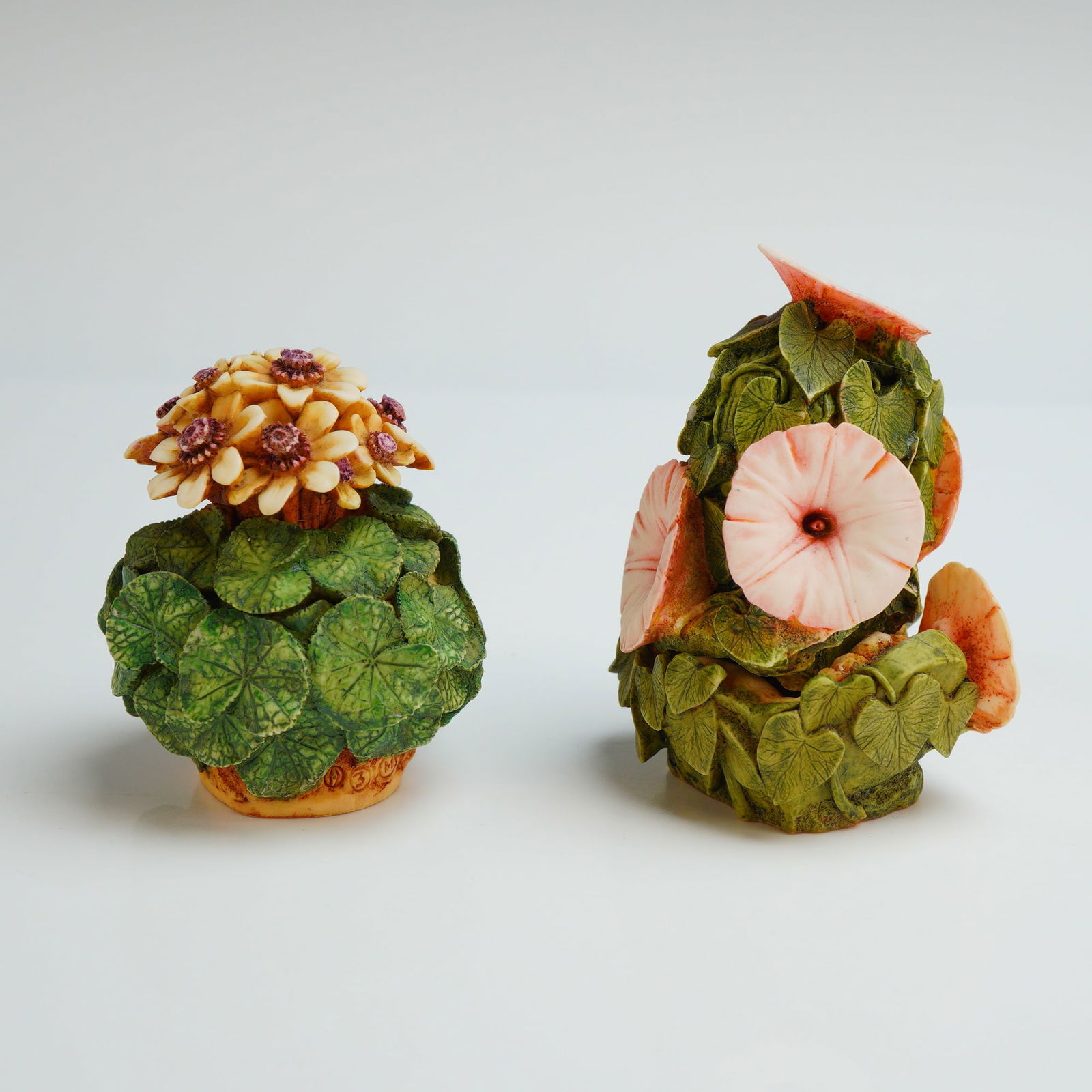 2pc Harmony Kingdom Trinket Boxes, Morning Glory and Marsh Marigold: From the Lord Byron's Harmony Garden collection, titled Marsh Marigold (HGMM) and Morning Glory (HGMG). The Marsh Marigold box features a cluster of pale-yellow flowers with purple centers atop a base