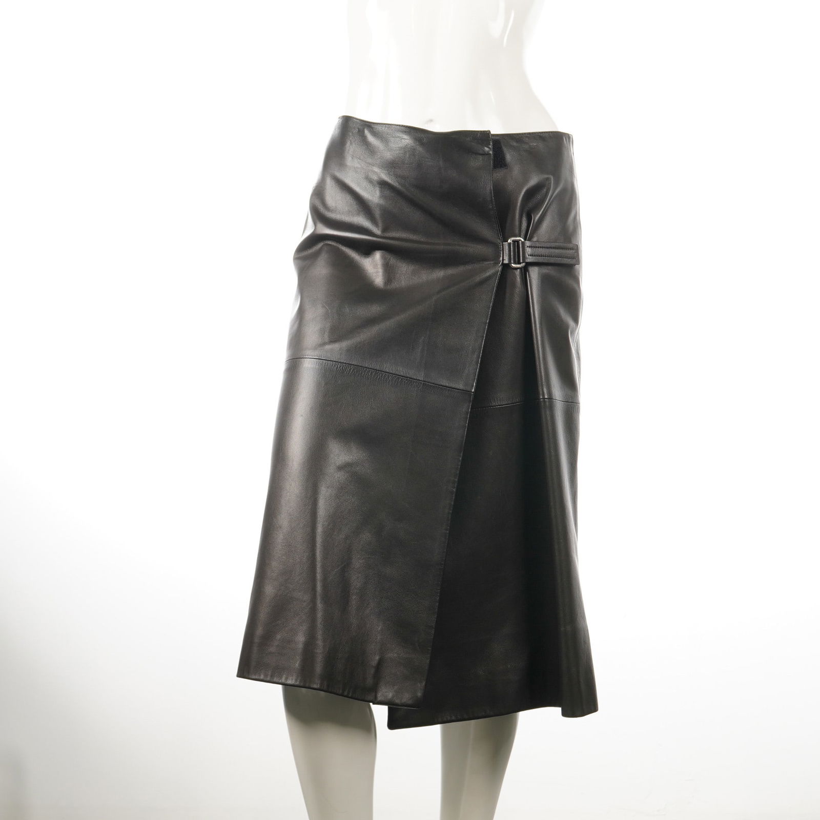Prada Italy Black Leather Flared Wraparound Skirt w/ Side Buckle (1 of 5)