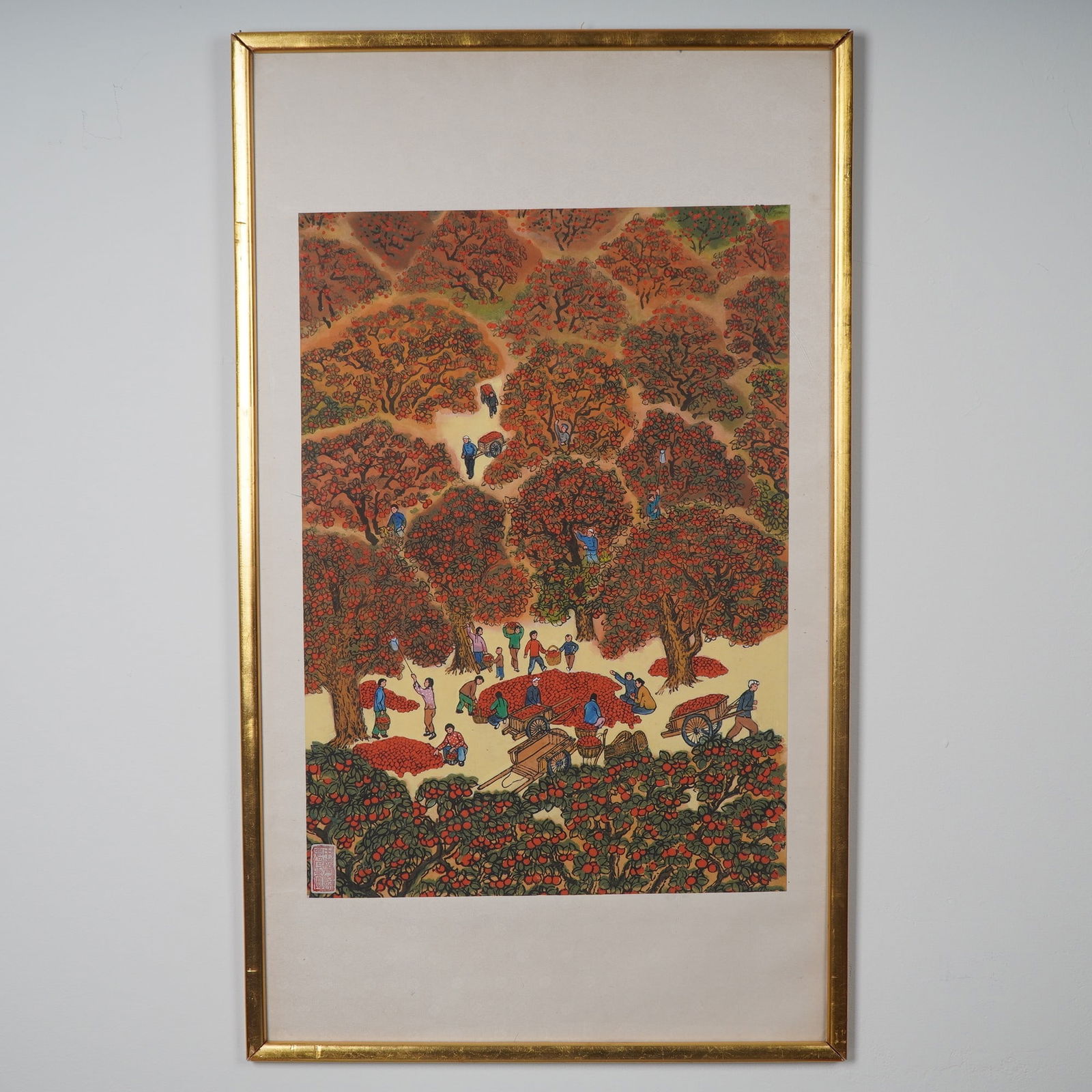 Original Chinese Gouache on Paper Painting, Pomegranate Harvest, Red Seal: Vibrant and richly detailed, this gouache on paper painting captures a celebratory harvest scene set within a glowing orchard of pomegranate trees, bursting with fruit. The composition is teeming