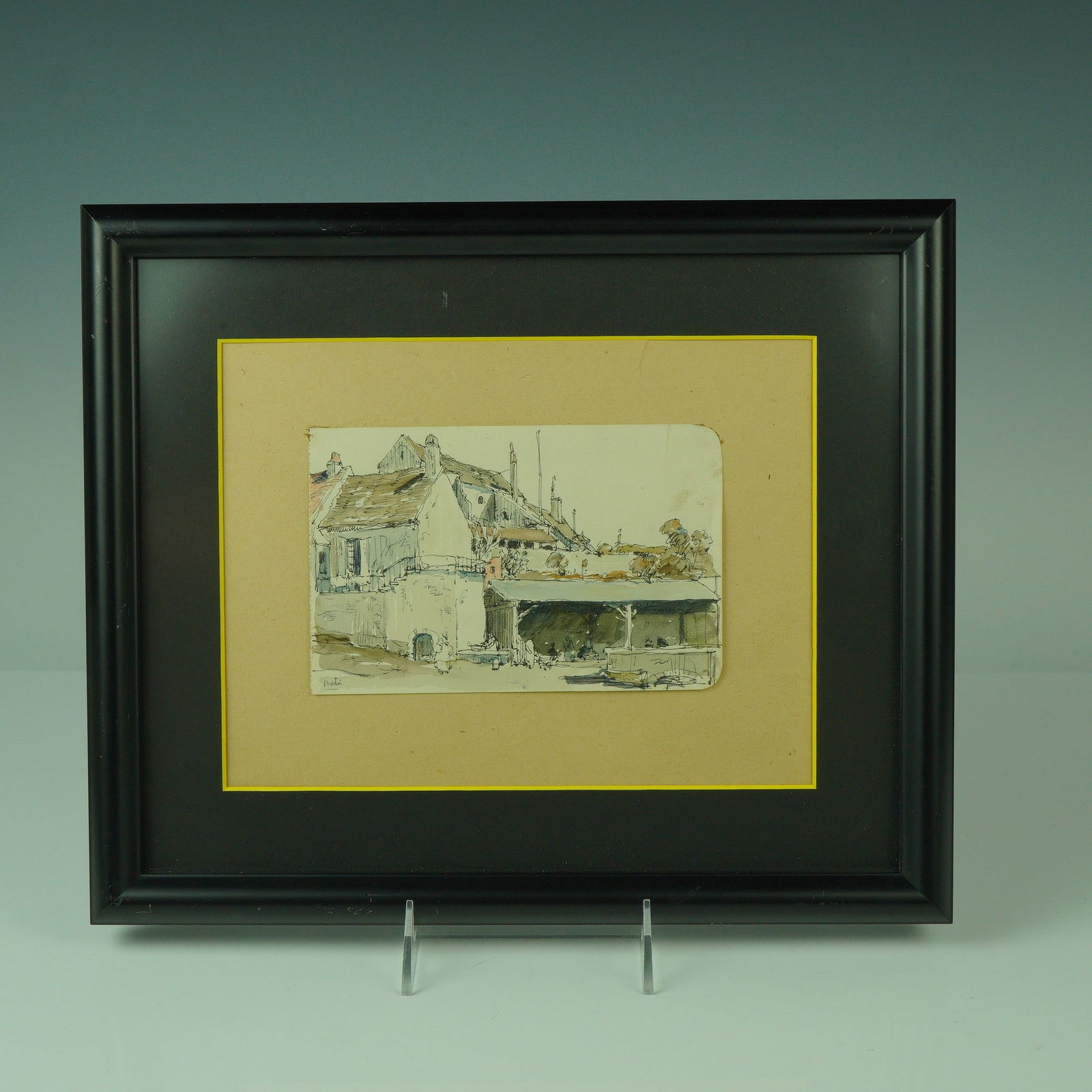 Original Ink and Watercolor, Village Scene, Signed: Original ink and watercolor drawing, signed at lower left with a name that appears to read "Matin" or "Niatin." The composition depicts a European village with overlapping rooftops, stone facades, and