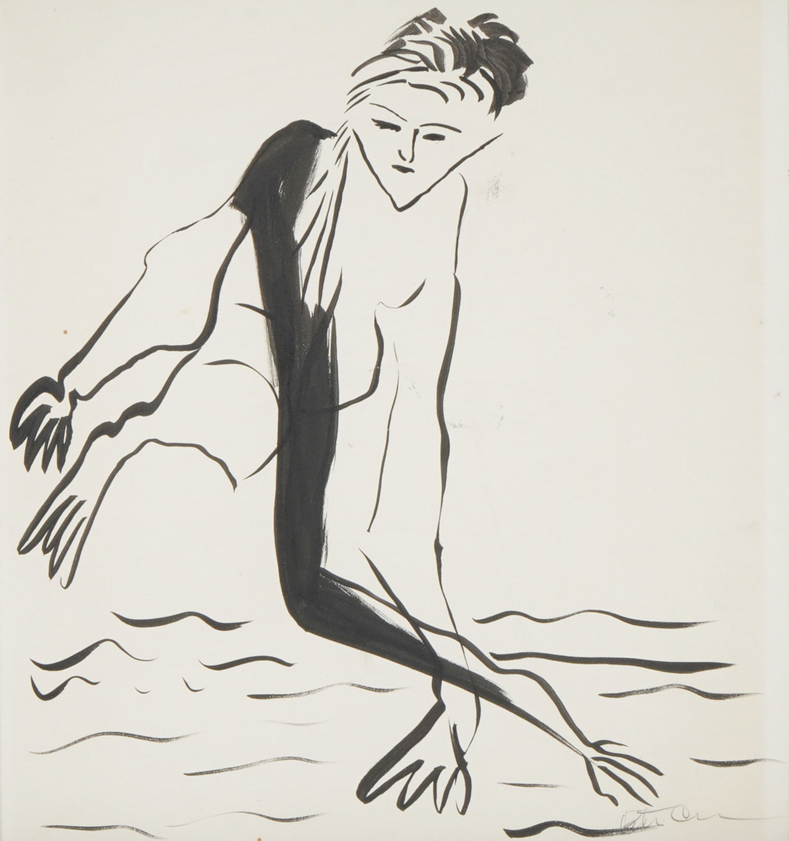 Original Black Ink Drawing on Paper, Figure in Motion, Signed: A striking and fluid ink drawing on paper depicting a stylized nude figure captured mid-motion against a minimalist backdrop of flowing lines, suggestive of water or rhythm. Executed with expressive
