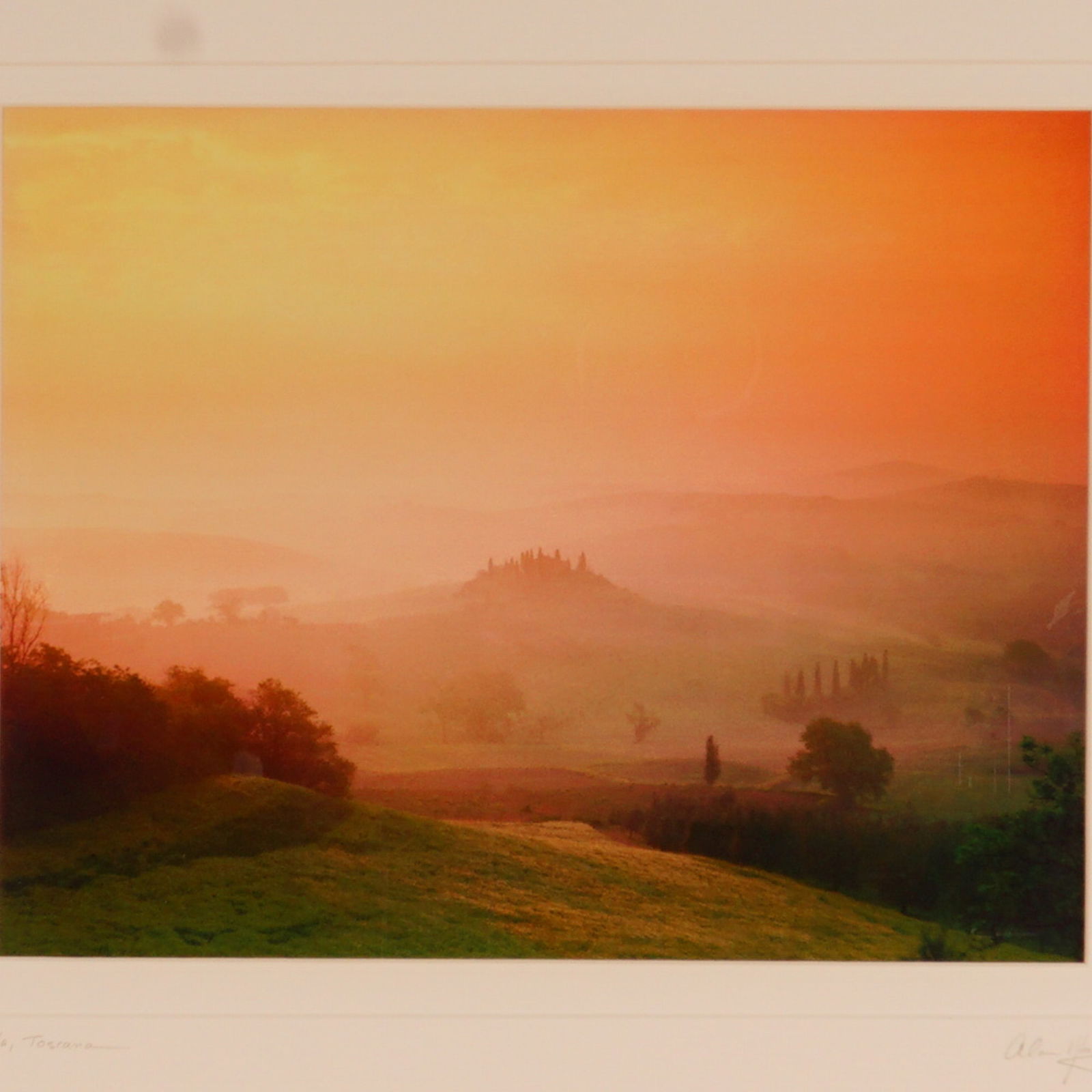 Alan Klug, Color Photograph on Paper, Villa Toscana, Signed & Numbered: Limited edition color photograph by Alan Klug, titled Villa, Toscana. This serene landscape captures the rolling hills of Tuscany at sunrise, bathed in warm orange light and soft mist. Alan Klug is