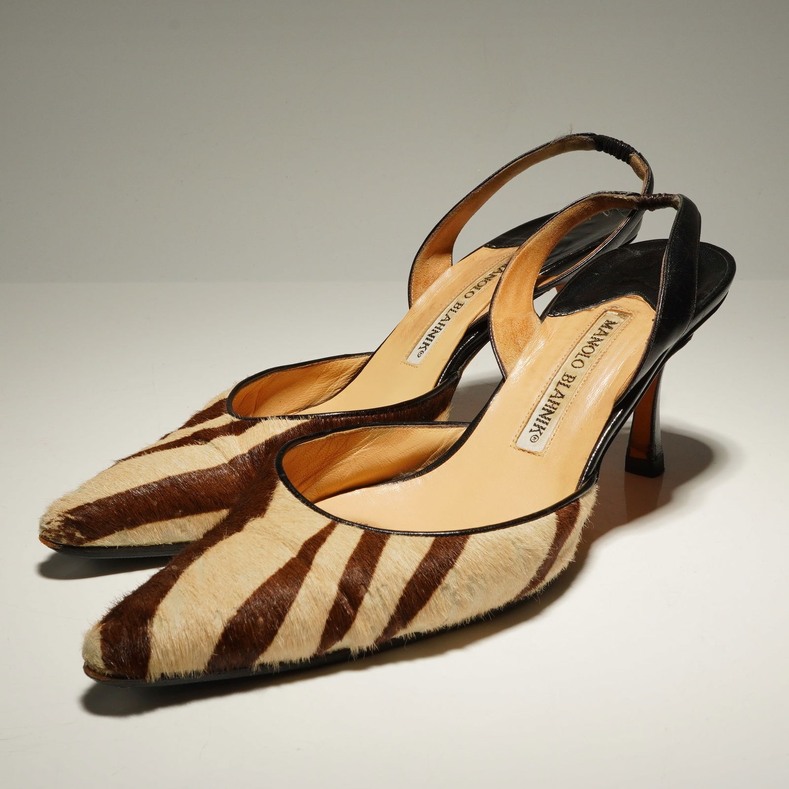 Pair of Manolo Blahnik Pony Hair Zebra Print Slingback Pumps (1 of 4)