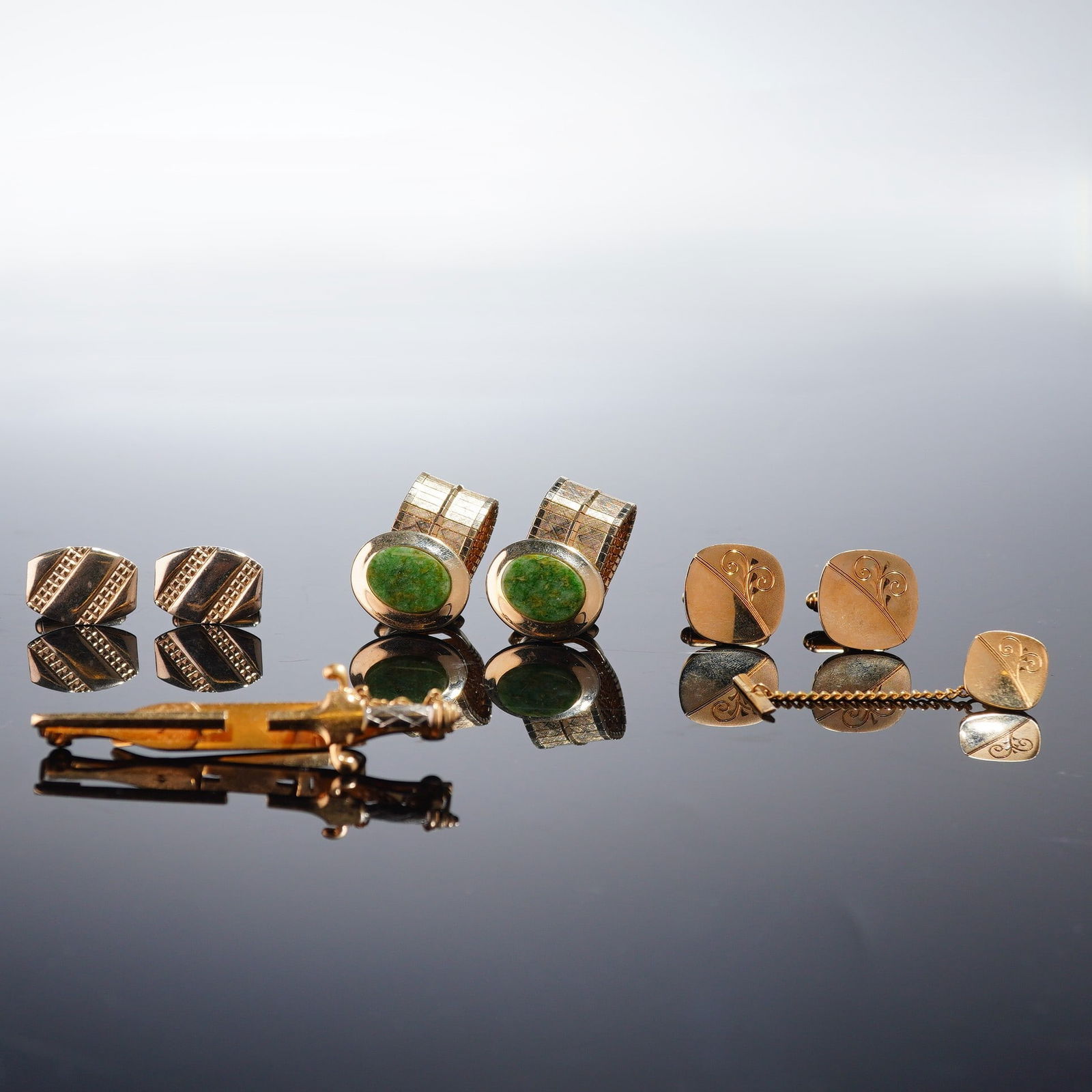 5pc Gold Toned Cuff Links, Tie Pin, and Tie Tack (1 of 5)