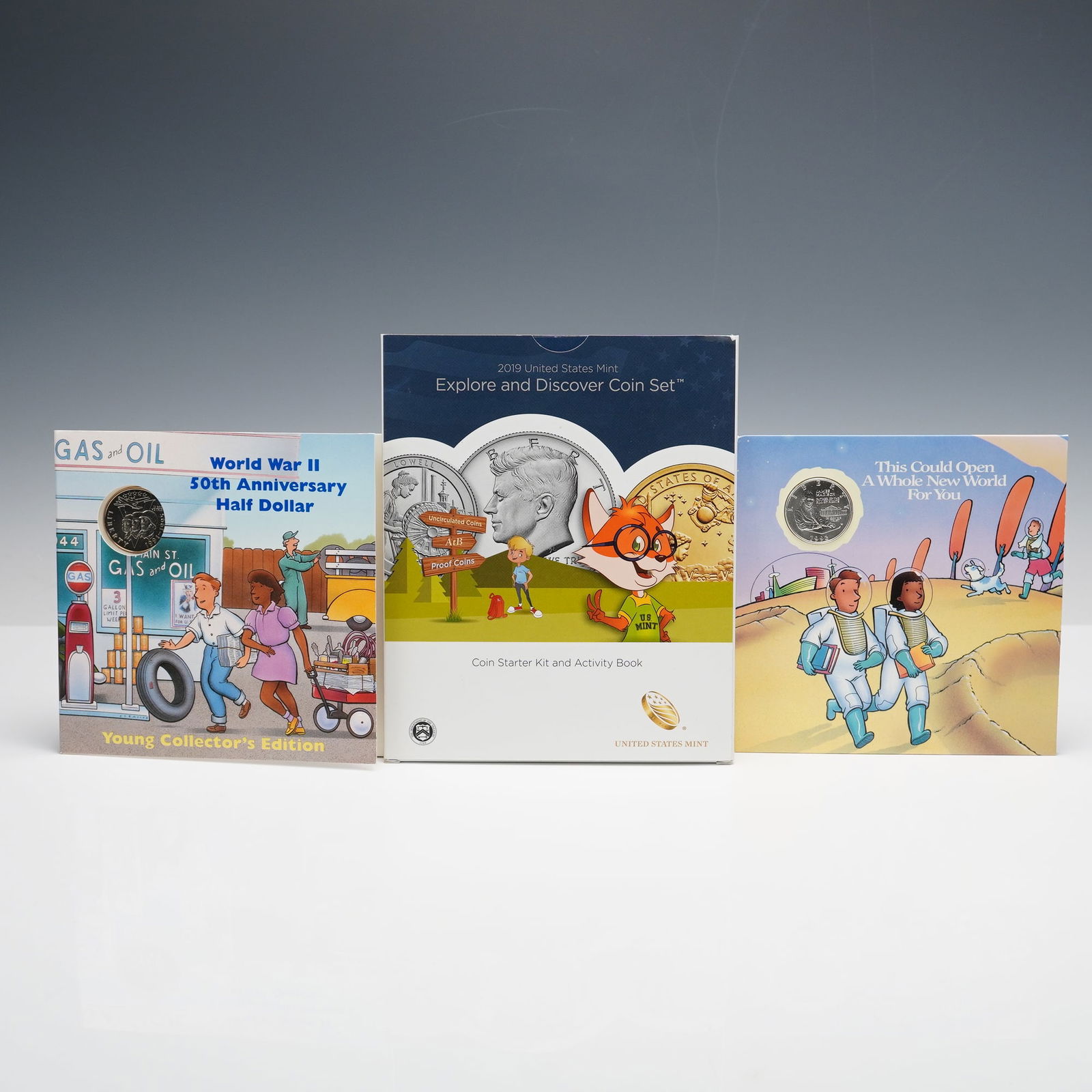 3pc U.S. Commemorative Silver Half Dollars and Explore & Discover Set: This lot brings together two U.S. Mint commemorative silver half dollars along with a modern educational coin set, each accompanied by its original Mint presentation. The 1993 James Madison Bill of Ri