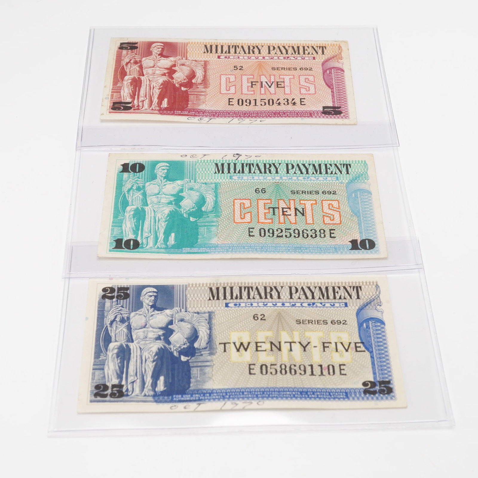 3pc Military Payment Certificates, Series 692- 5, 10 & 25 Cents (1 of 3)