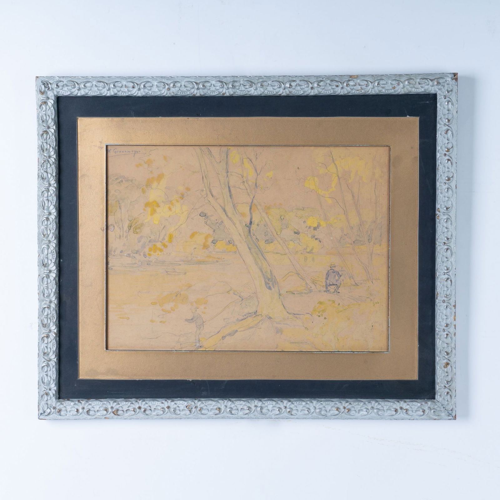 Philip Gronemeyer, Original Watercolor on Paper, Signed: A beautiful watercolor on brown paper, capturing a serene lakeside scene with fishermen at work. On reverse: property of Steven Schultz. Housed on a wooden coated frame. Sight size: 14.25''L x