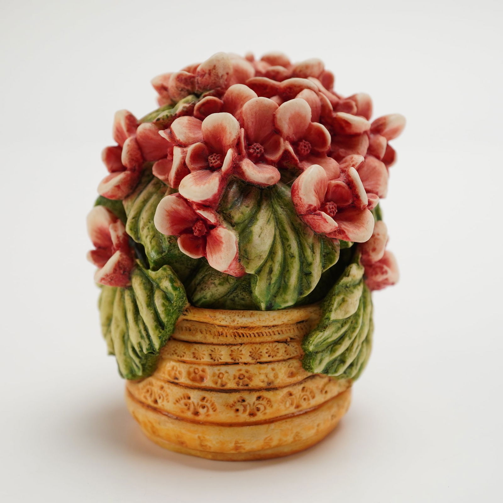 Harmony Kingdom Begonia Treasure Box: A collectible hand-painted resin treasure box figurine, titled "Begonia," from the Harmony Kingdom, Lord Byron's Harmony Garden series. The piece is designed as a round, textured beige cachepot overfl