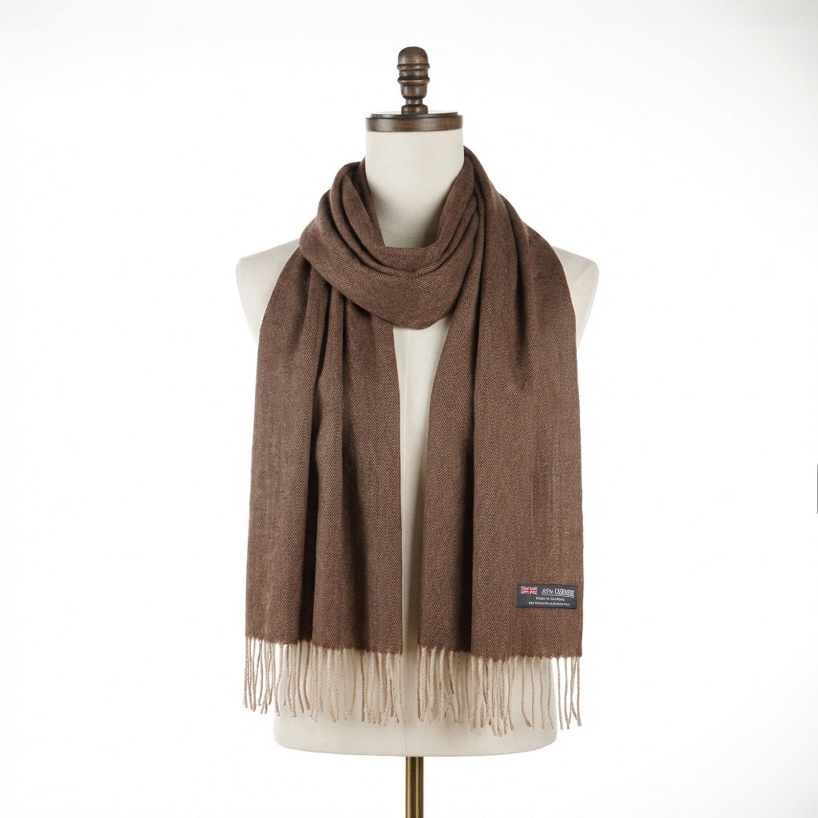 Cashmere & Wool Brown Herringbone Scarf w/ Fringes, Made in Scotland (1 of 3)