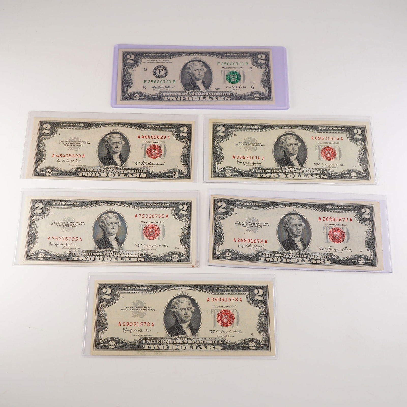 6pc 1953, 1963 U.S. Two Dollar Red Seal Notes & 1995 Green Seal Note (1 of 2)