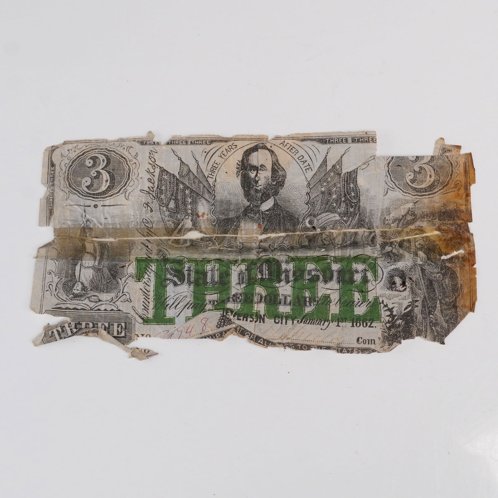 1862 $3 State of Missouri Civil War Banknote: Original 1862 $3 banknote issued by the State of Missouri during the Civil War period. Dated January 1, 1862, this obsolete currency note features the denomination boldly overprinted in green with the
