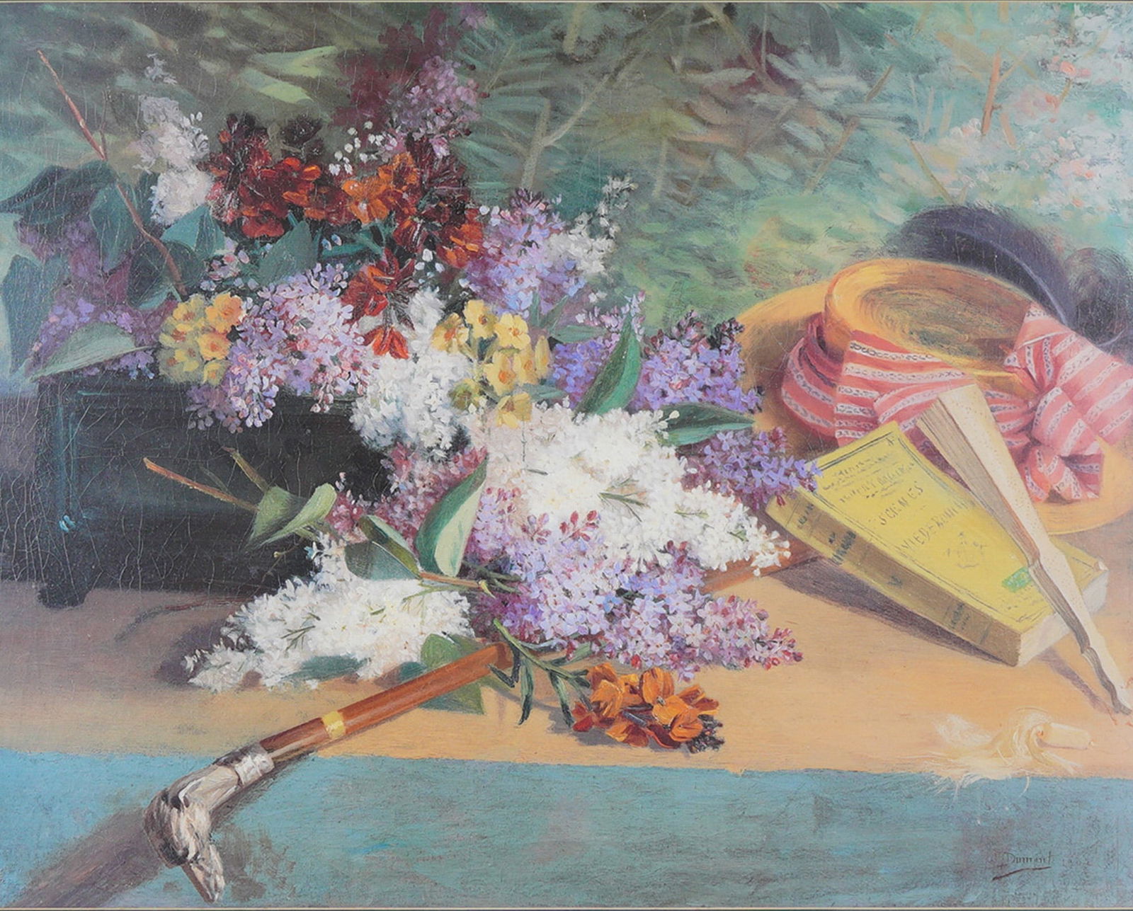 Henri Julien Dumont (French 1859-1921) Still Life with Lilacs Framed Print: A framed print of French artist Henri-Julien Dumont's painting "Still Life with Lilacs" that depicts a large arrangement of multicolored blossoms, including white and purple lilacs, resting on a blue