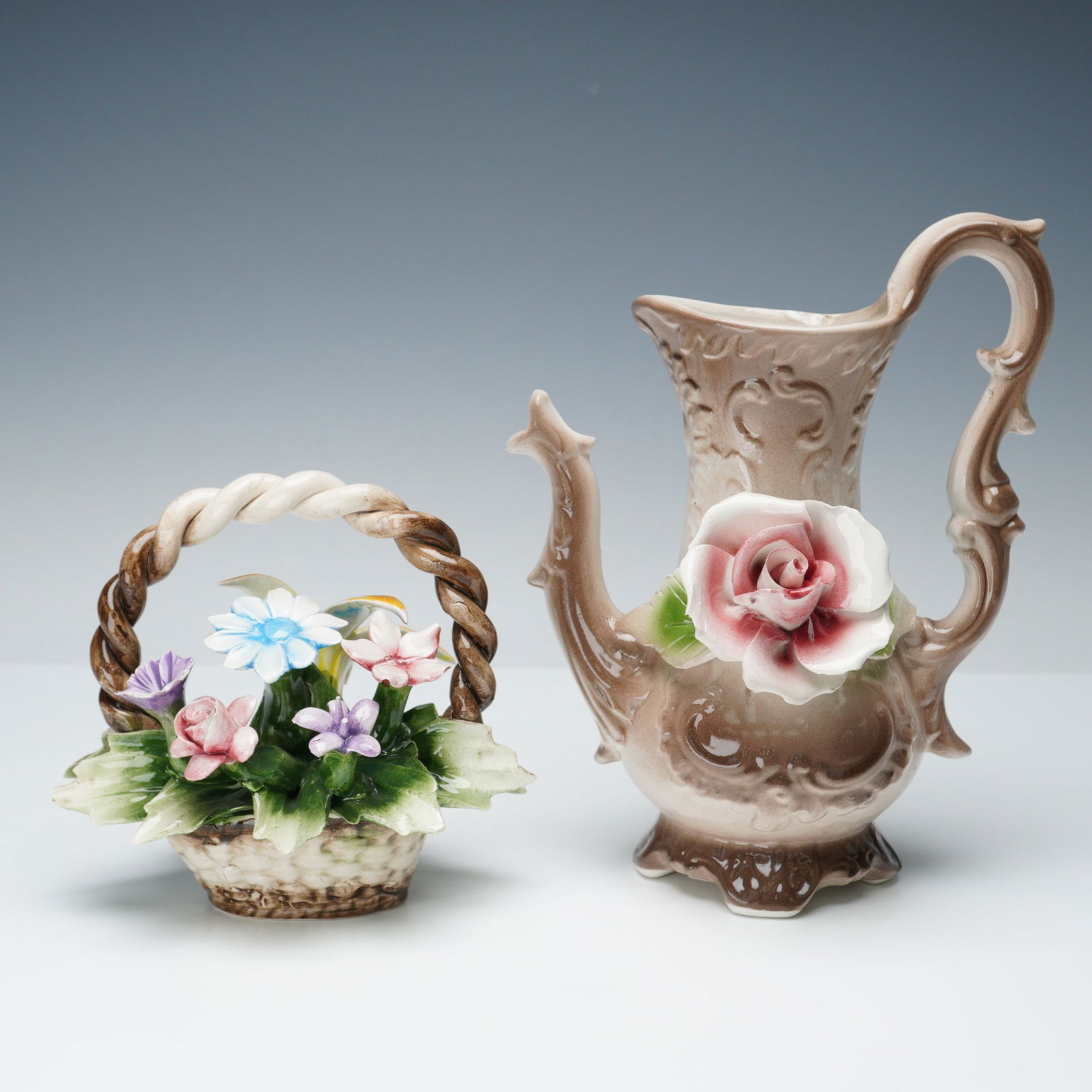 2pc Capodimonte Ceramic Pink Rose Pitcher and Flower Basket (1 of 5)