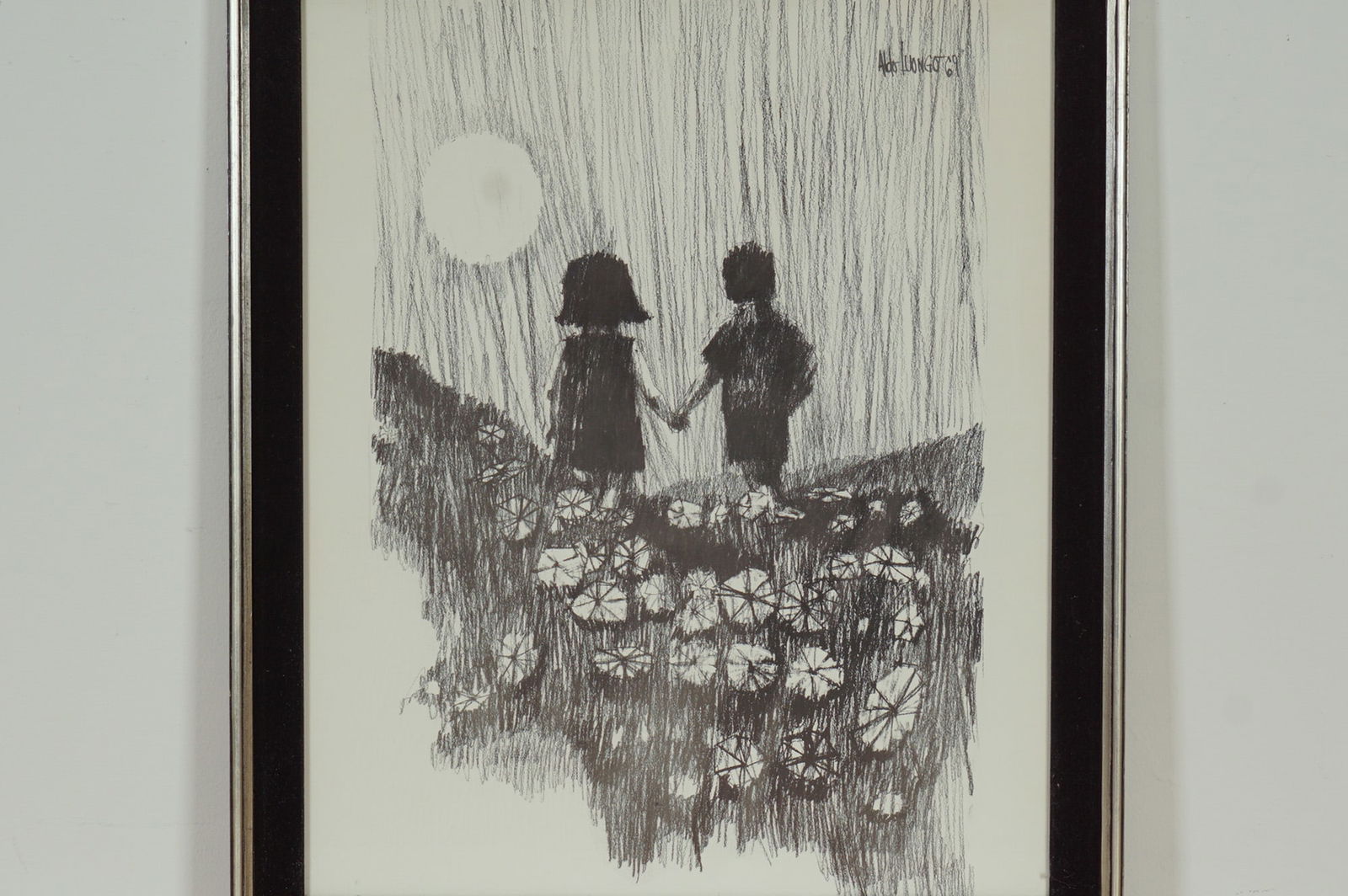 Aldo Luongo, Lithograph on Paper, Holding Hands: A captivating lithograph on paper by Aldo Luongo titled Holding Hands, featuring two silhouetted children standing amid a field of flowers beneath a glowing moon. Rendered in expressive monochrome str
